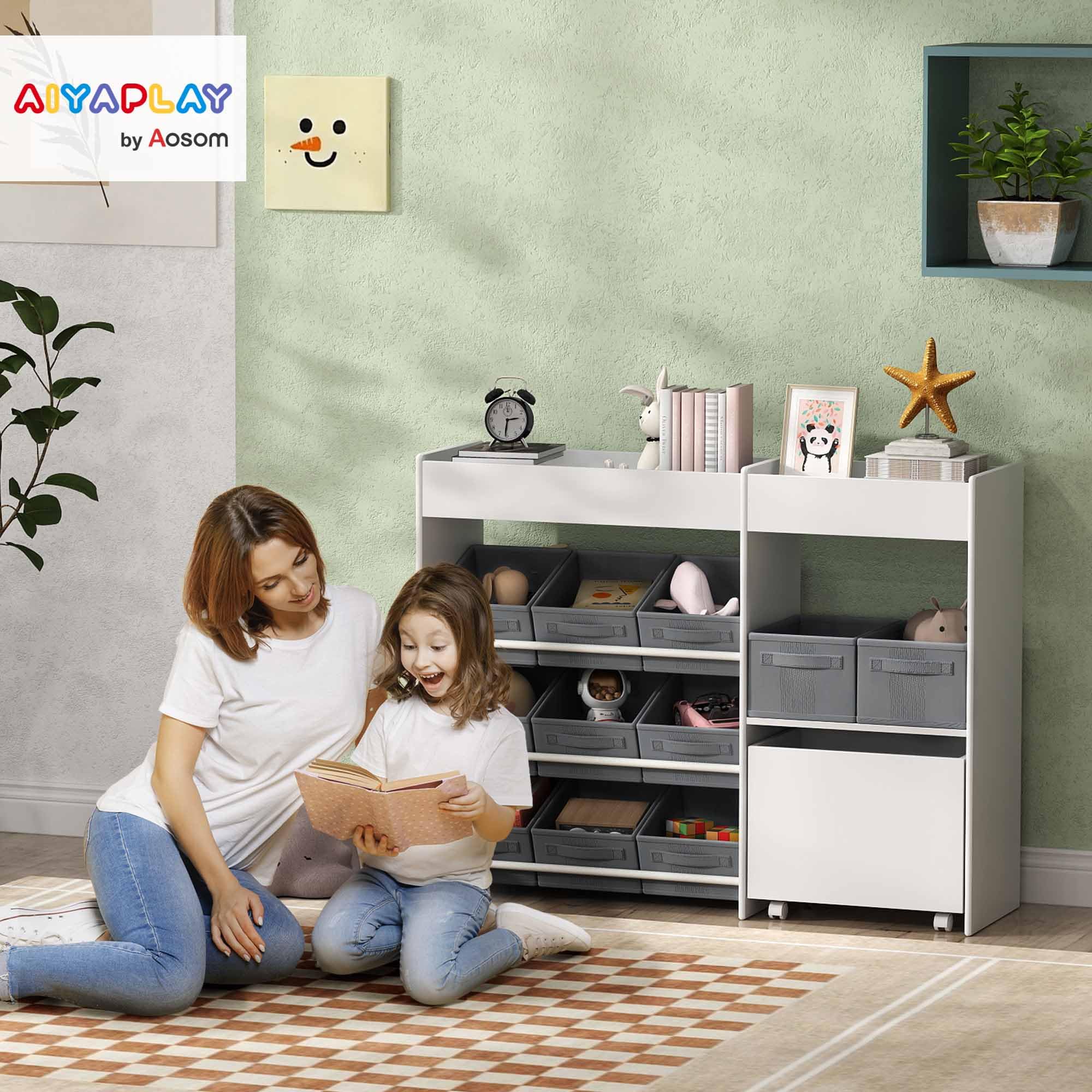 AIYAPLAY Étagère de Rangement Enfant pour Jouets et Livres, avec 11 bacs de rangements en Tissu Non tissé et Un Cabinet sur roulettes, pour Chambre, Salon, Salle de Jeu, 105x30x80cm, Blanc
