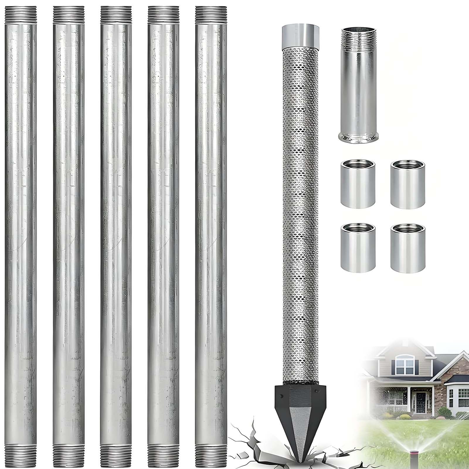 Zestaw do wiercenia studni,iglica ze stali nierdzewnej 1-1/4"(36 cali) 5+1kit | Sita z siatki 60, płytkie systemy wiercenia studni 36", rury ocynkowane, złączka i nasadka