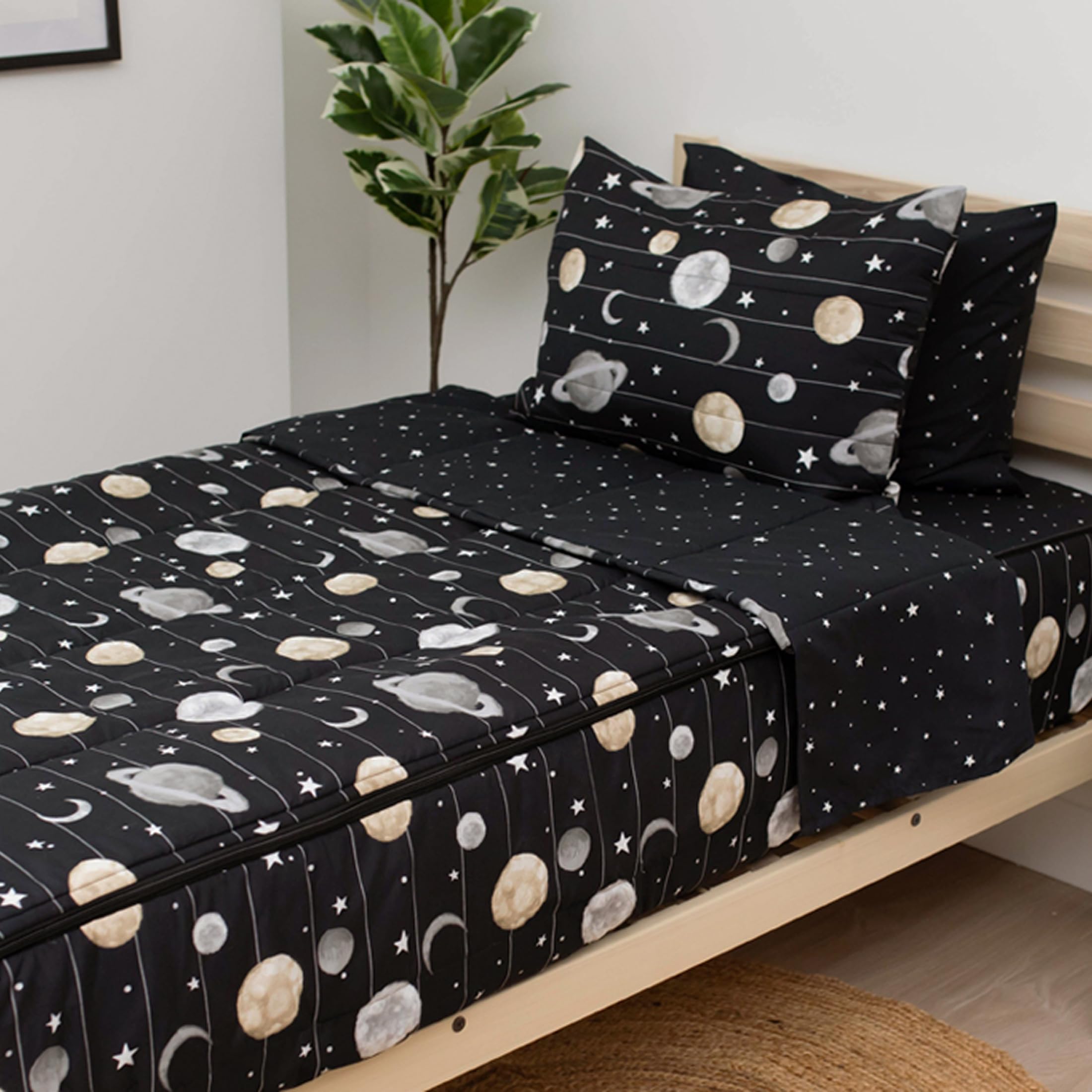 Space Theme Durable Zipper Bedding for Kids, Bed in a Bag, Black Sheets and Universe Galaxy Comforter with Stars & Solar System, Includes Pillowcase and Sham, Easy to Make and Wash