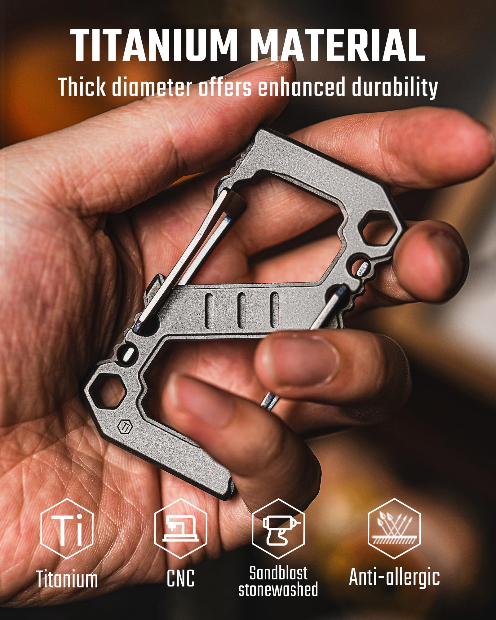 KeyUnity KU07 - Moschettone in titanio con doppio cancello per EDC | Apribottiglie, funzione cacciavite, design utilità 3 in 1, metallo leggero, accessorio portachiavi