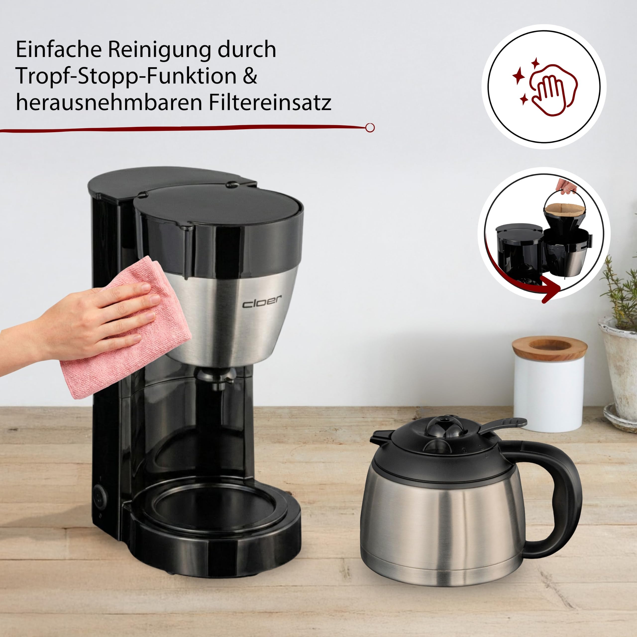 Cloer 5009 Filterkaffeemaschine für 8 Tassen, optionale Warmhaltefunktion, Tropfstopp & Auto-Off, Isolierkanne, Filtergröße 1x4, Edelstahl, schwarz 800 W