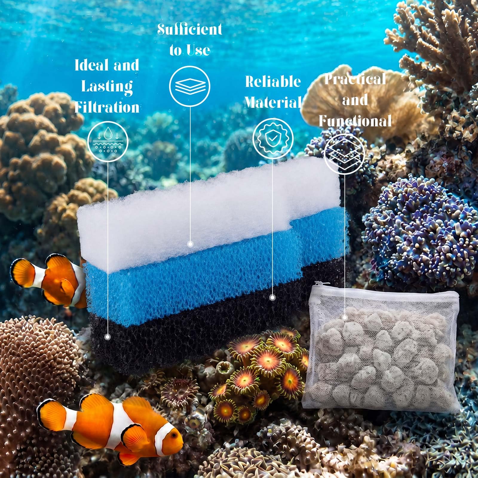 Threlaco Kit di 31 filtri compatibili con filtri elettrici Seachem Tidal da 35 galloni, spugna di ricambio per acquario a tre fasi, tampone a carbone attivo, supporti biologici con sacchetti a rete e