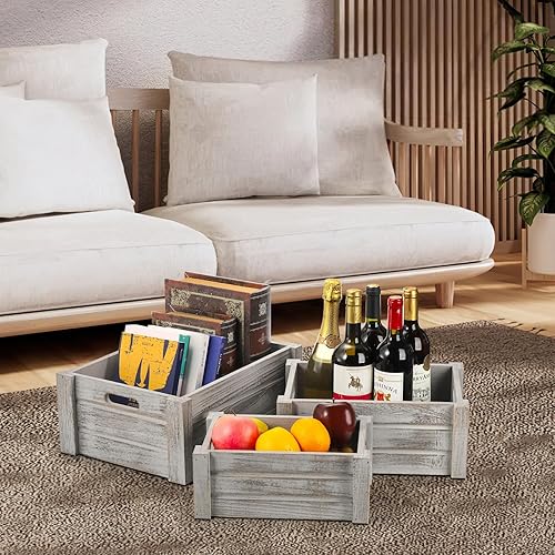 Miniatura 6 de Hacaroa Paquete de 3 cajas de madera con asas, caja de almacenamiento rústica para anidar, cestas de madera decorativas para frutas, verduras,