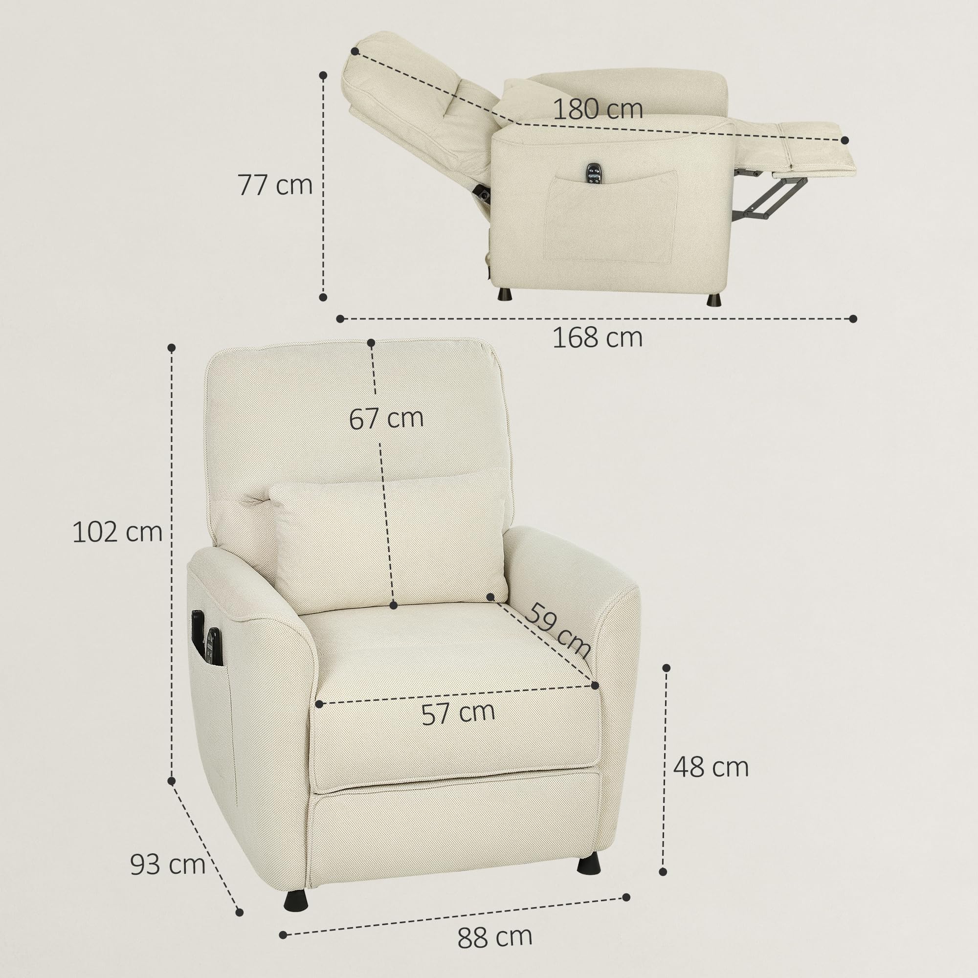 HOMCOM Poltrona Relax Reclinabile Elettrica, con Calore Lombare e Massaggio Vibrazione, Poltrona Massaggio Relax, Motore Silenzioso, Funzione Memoria, Tasche Laterali, Cuscino, Telecomando con USB