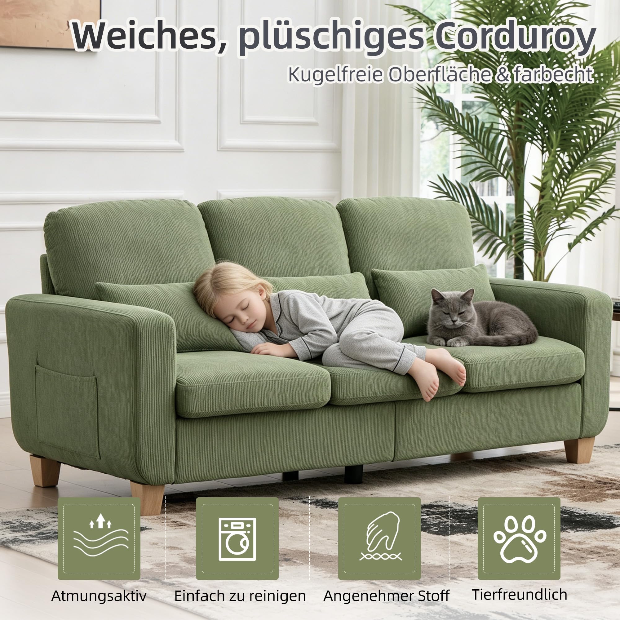 EBELLO Sofa 188 cm, 3-5 Sitzer Couch, modernes Sofa aus Cord, Wohnzimmersofa geeignet für kleine Räume, Schlafzimmer, Wohnungen und Büros, Grasgrün