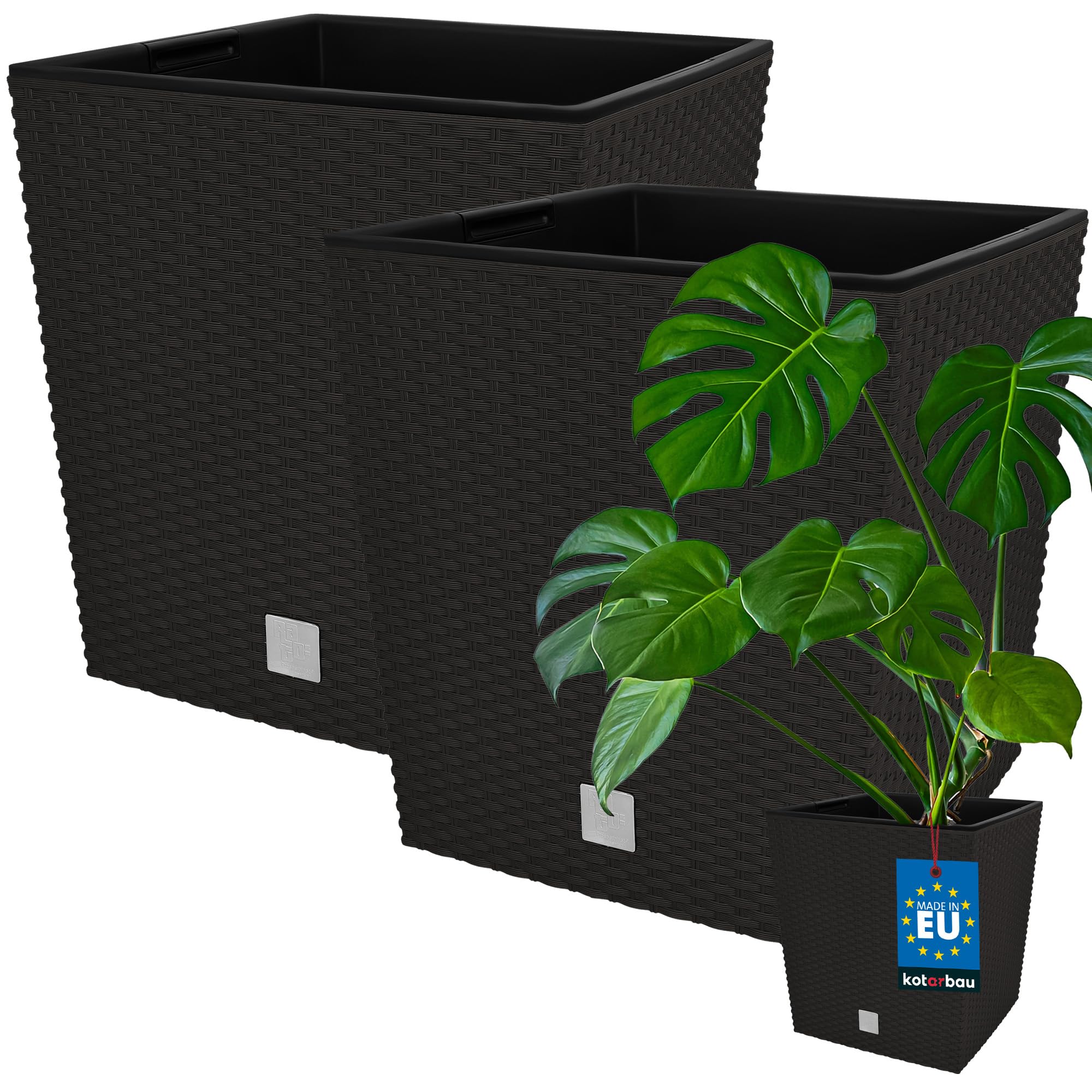 KOTARBAU® Juego de 2 macetas de 64 l, altura de 40 cm, de plástico Umbra con maceta interior, juego de macetas como maceta de ratán para interior y exterior