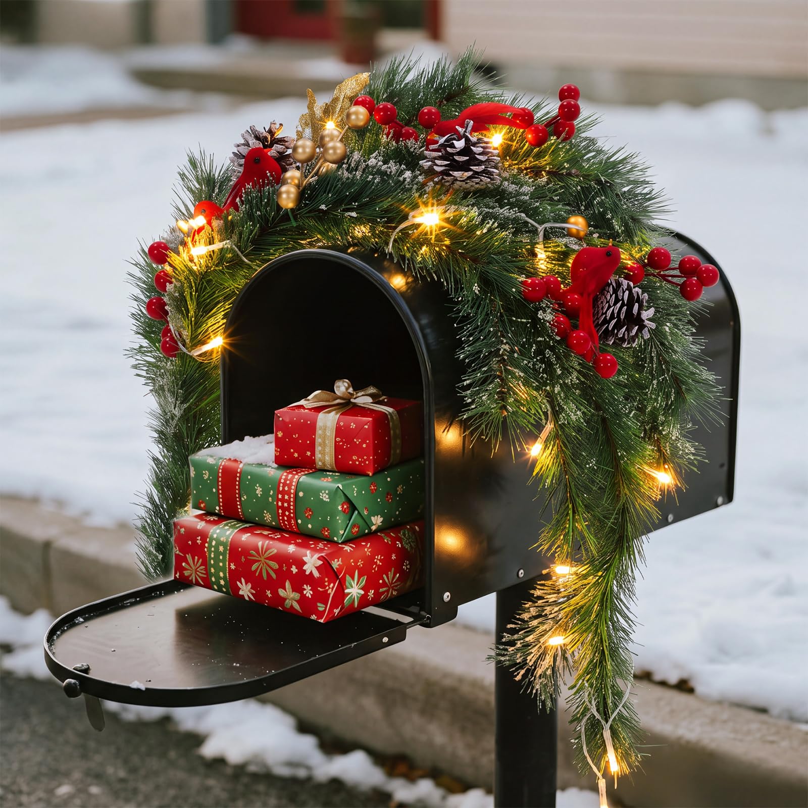 Fumete Guirlande de boîtes aux lettres de Noël avec lumières - 91,4 cm - Rouge - Guirlande avec minuterie pour porche, maison, extérieur, entrée, décorations de vacances