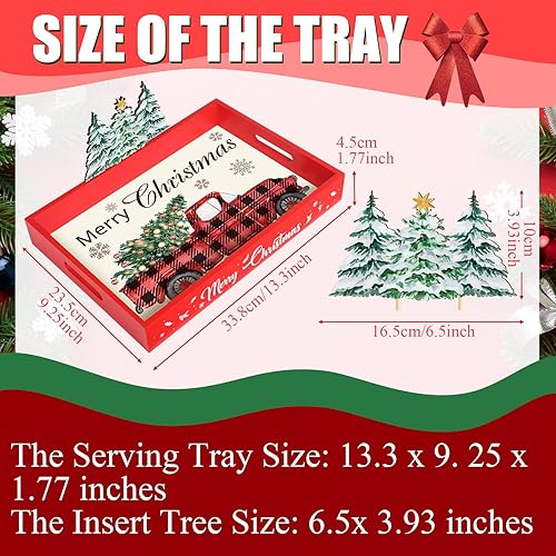 Miniatura 2 de Bandeja de madera para servir de Navidad con asas, bandeja decorativa para camión de Navidad, mesa de café, bandeja para servir la nieve (rojo)