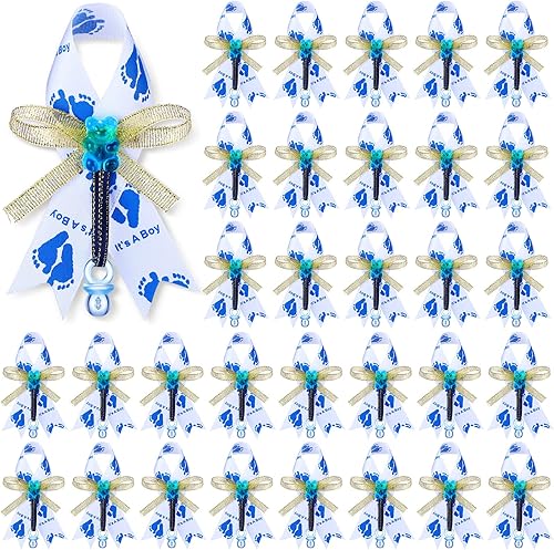 Jexine 50 piezas de broche con lazo para baby shower, broche de cinta con chupete azul y oso para decoración de fiesta de revelación de género,