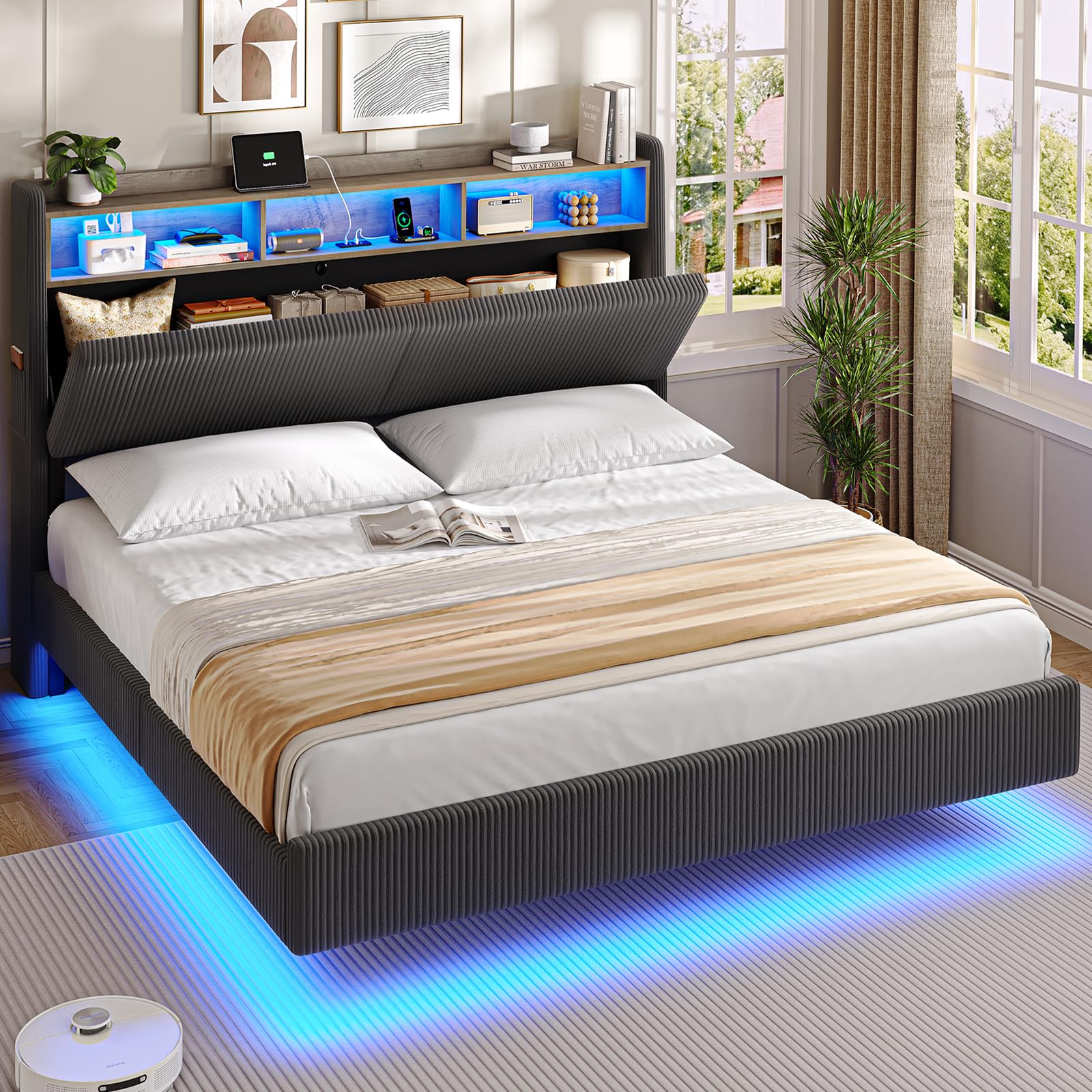 AOGLLATI Cama Matrimonio 180x200 con Almacenamiento Pana Gris Oscuro | Cama con Efecto Visual Levitante Cama con 270°LED y Estación de Carga, Cama Juvenil con Cabecero Marco de Cama Canape