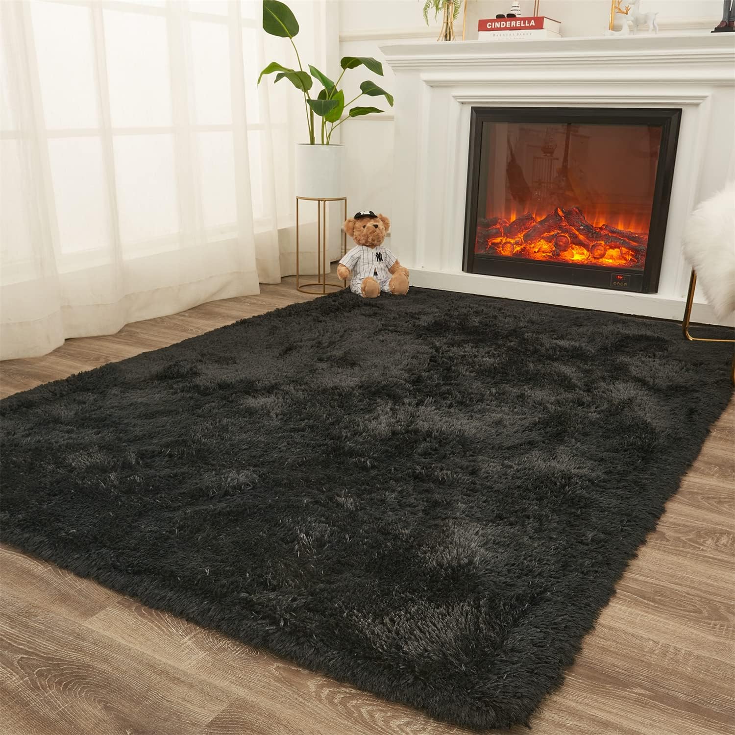 AMTOVO Shag Area Rugs for Living Room, 8X10 Black Large Fluffy Clearance Rug Throw Bedroom Carpet, Indoor Modern Fuzzy Nursery Shag Rugs for Kids and Playroom