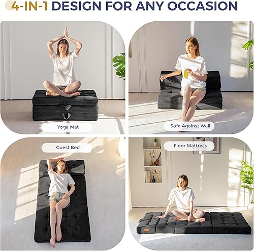 Miniatura 4 de MAXYOYO Colchón plegable, colchón plegable copetudo de 4 pulgadas, cama matrimonial de espuma, sofá de piso de tres pliegues con asas, cubrecolchón