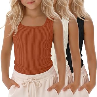 3 Pack Girls Tank Tops Slim Fit Ribbed Knit Camisole Square Neck Sleeveless Undershirts Summer Basic Tanks