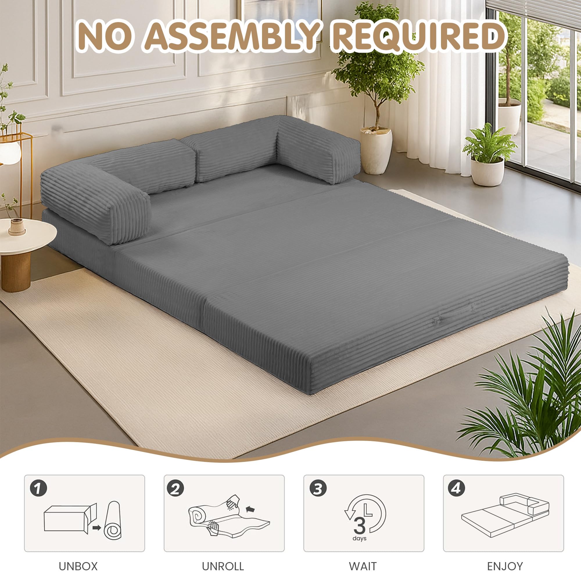 5-in-1 Convertible Sofa Bed,60" Boneless Couch Tri Folding Floor Mattress with Removable L-Shaped Armrests & Handle,Corduroy Futon Couch Sleeper with Pull Out Bed for Living Room Bedroom Apartment