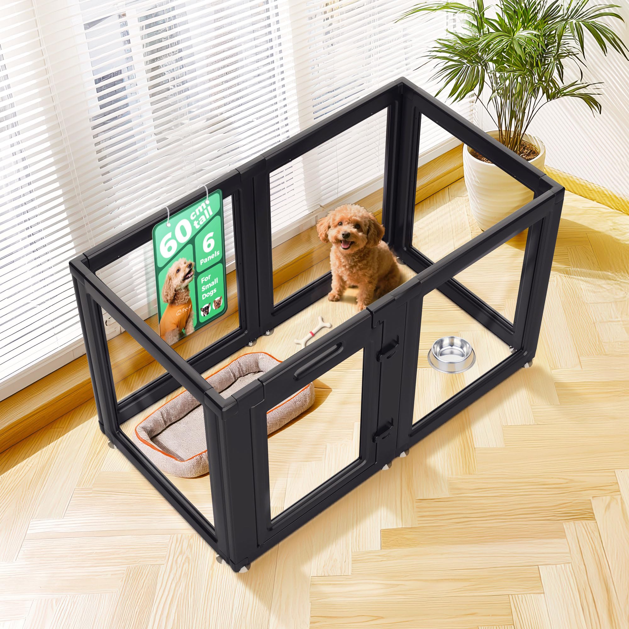 FXW AuraSpace Clear Acrylic Indoor Dog Playpen, 60cm(H), 6 Panels, Black