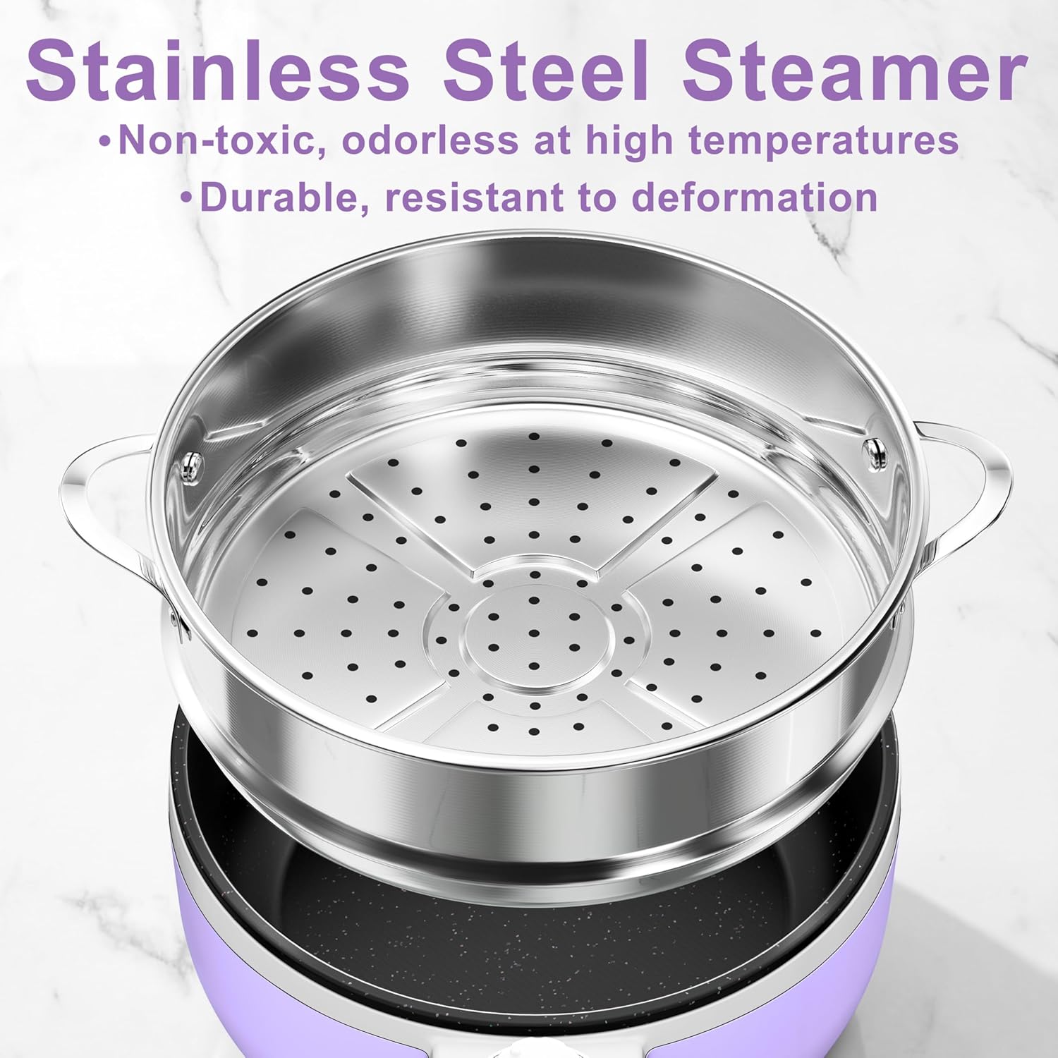 Dezin Hot Pot Electric with Steamer Upgraded, Non-Stick Sauté Pan, Rapid Noodles Electric Pot, 1.5L Mini Pot for Steak, Egg, Fried Rice, Ramen, Oatmeal, Soup with Power Adjustment