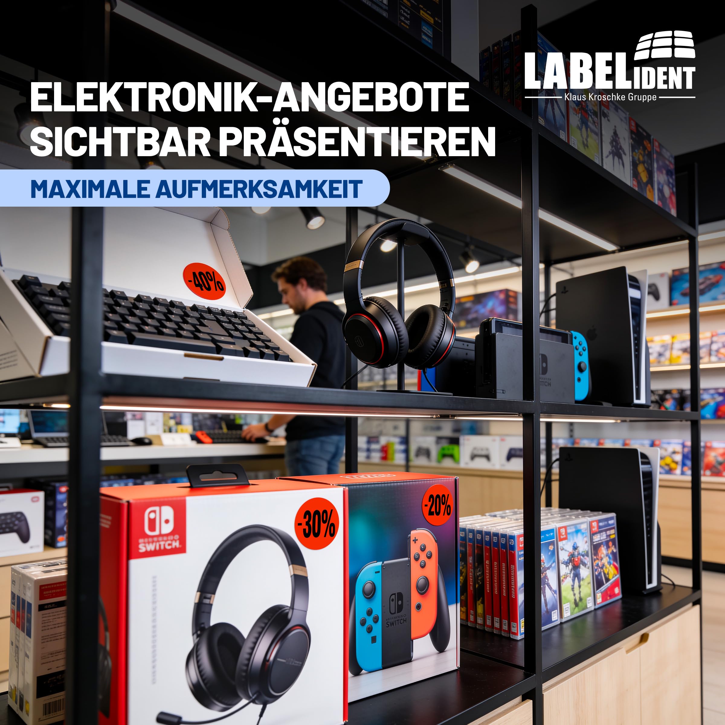 Labelident Aktionsetiketten -50% Ø 32 mm | 10.000 Rabattaufkleber auf 10 Rollen | leuchtrot-schwarz | Für Handel, Lager und Verkauf | Stark selbstklebende Preisetiketten