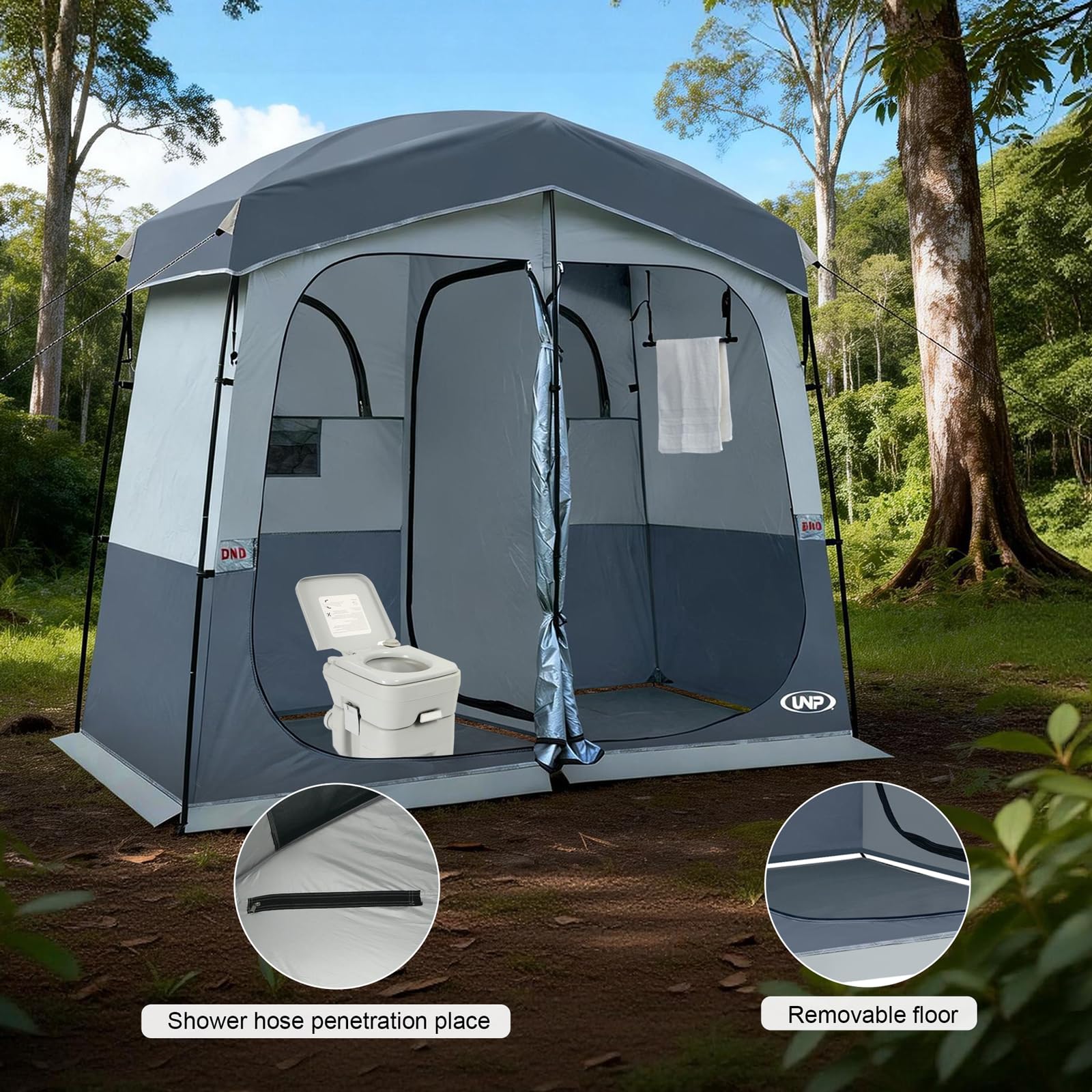 UNP Duschzelt 2 Zimmer, Tragbares Sichtschutzzelt Outdoor Camping Toilettenzelte Einfacher Aufbau, Ankleidezimmer für Strand, Camping & Wandern (Grau)