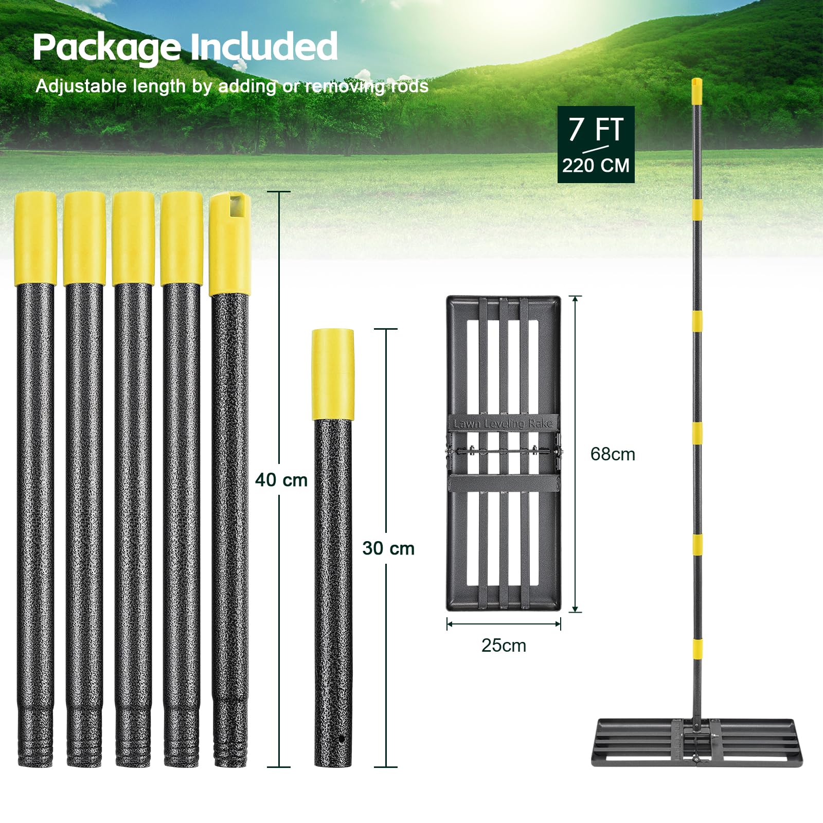 HOME RIGHT Gazonhark met steel, opvouwbaar, 220 cm, gazonhark, lawn, niveling, raken, zwart metaal, robuuste bodem, gazonplanner, gereedschap, gazonschuiver voor tuin, golf, tuin, achtertuin