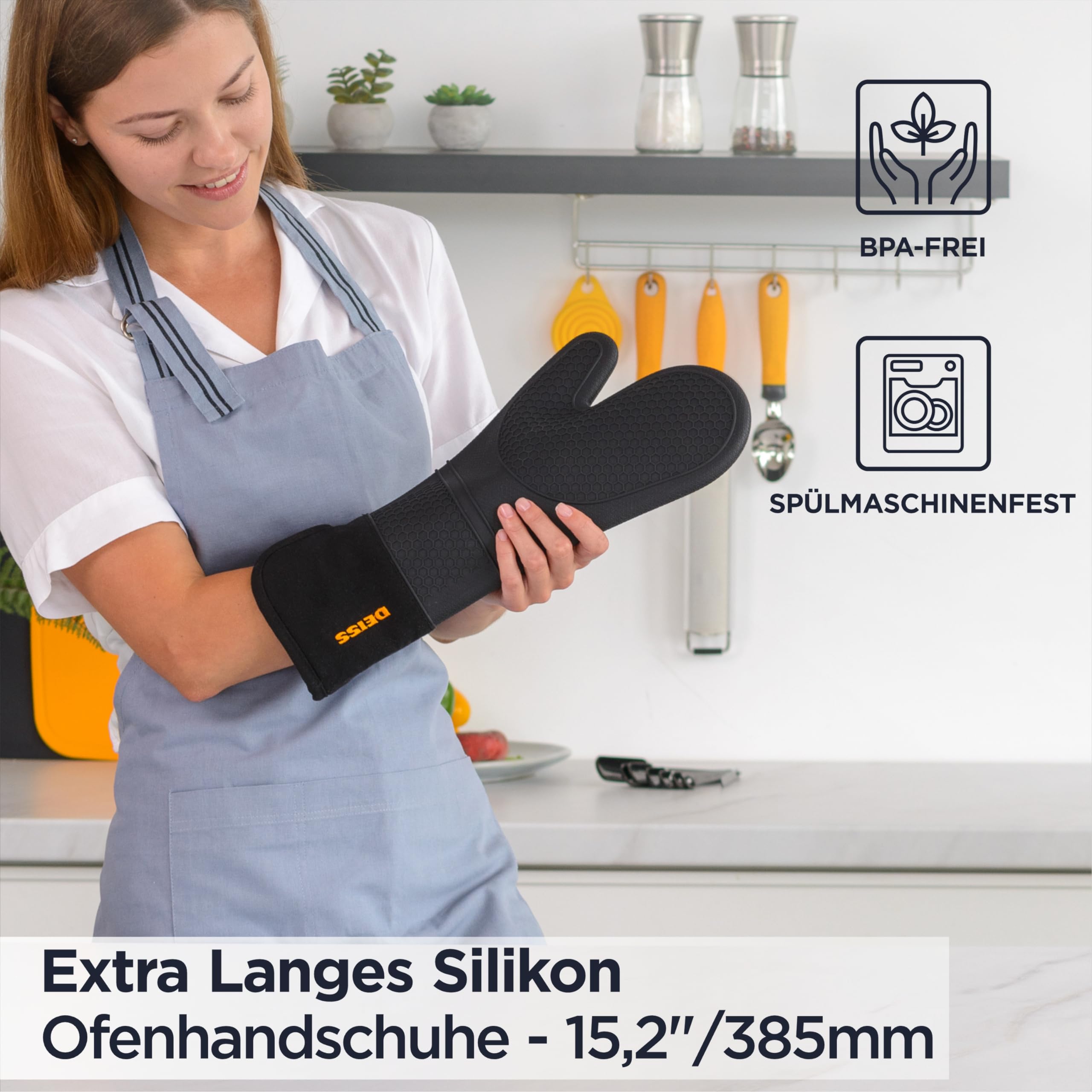 Deiss PRO Hitze- und schmutzabweisendes Silikon-Ofenhandschuh-Set, weiche, baumwollgefütterte Grillhandschuhe, wasserdicht, extra Lange, Flexible, Dicke Küchenhandschuhe zum Kochen