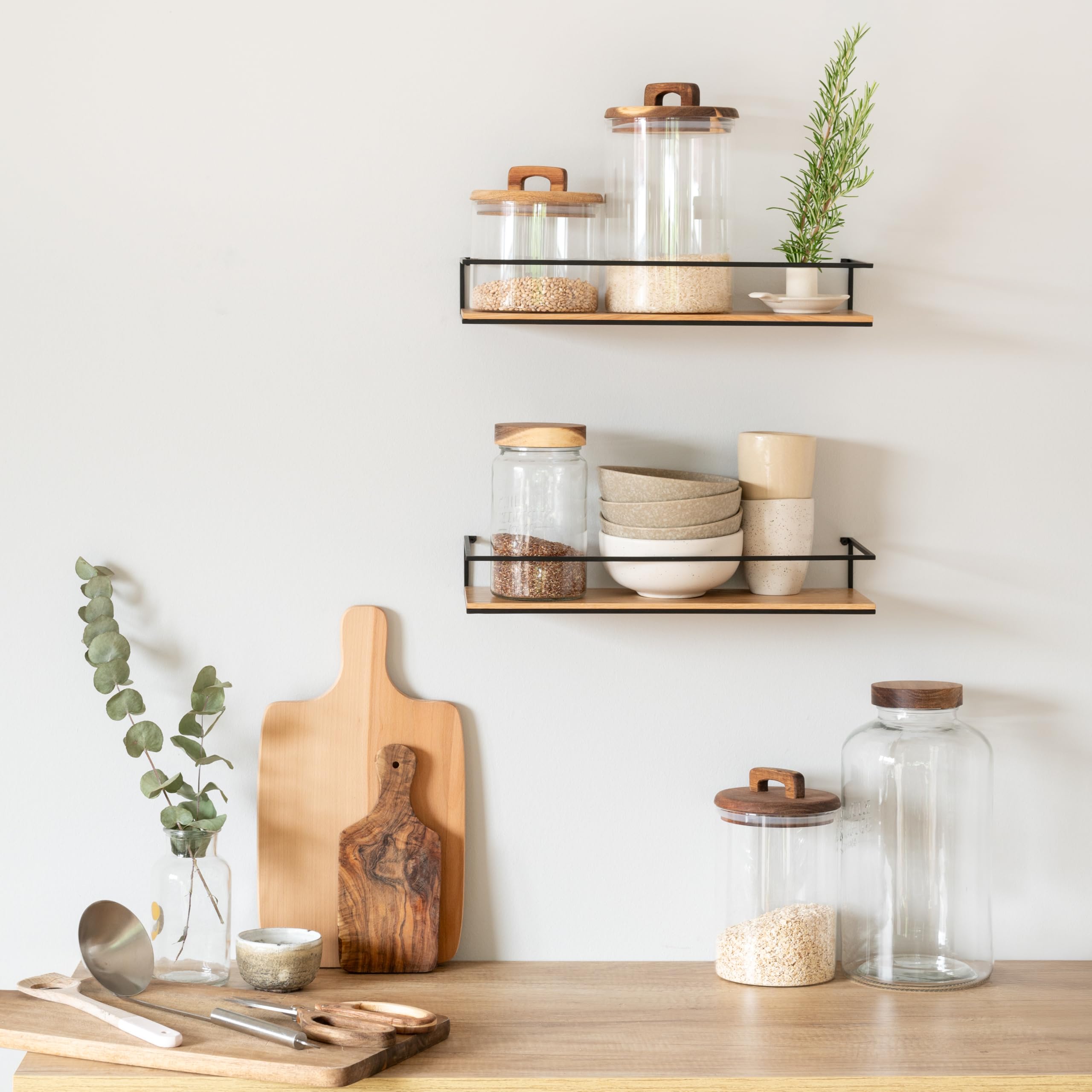 Kazai. Lot d'Étagères Murales -STENN- | Tablettes Murales en Métal et Bois Véritable Placage | Étagères Flottantes pour Salle de Bain, Salon, Cuisine, Chambre et Plus | Chêne