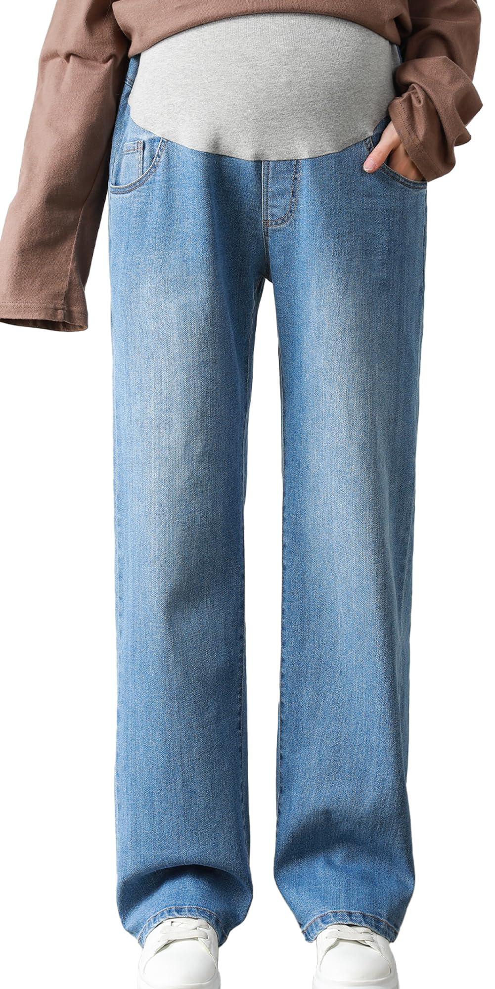 FEOYA Femmes Jean de Maternité Dames Pantalons de Sol Haute Taille Grossesse Pantalon Vêtements Jambe Large Pantalon Printemps Automne M-5XL