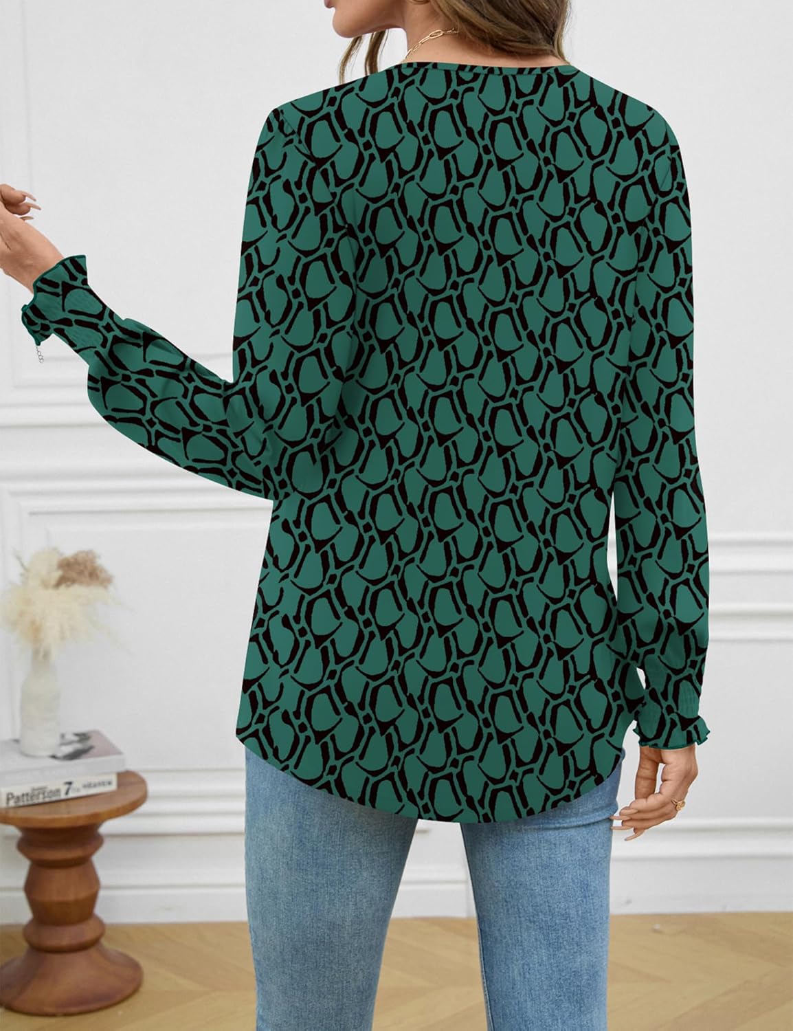 AKEWEI Blouses for Women Basic Shirt V-Neck Ruffle Sleeve Tops Dressy Ladies Spring Clothes Blue Green Print M - Image 4