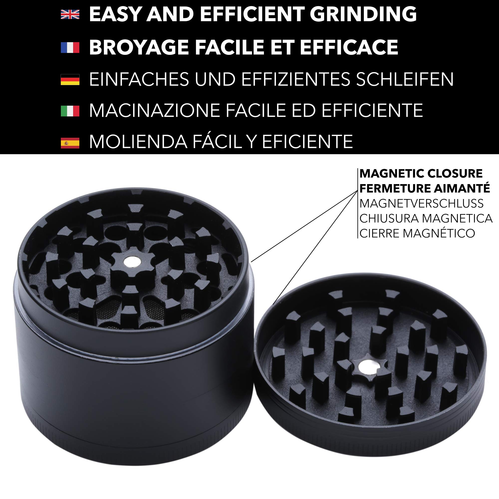 Grinder [ Marque Française] Moulin à Epices - 4 Parties dont 3 Compartiments avec Filtre et Mini Spatule - 55x40mm