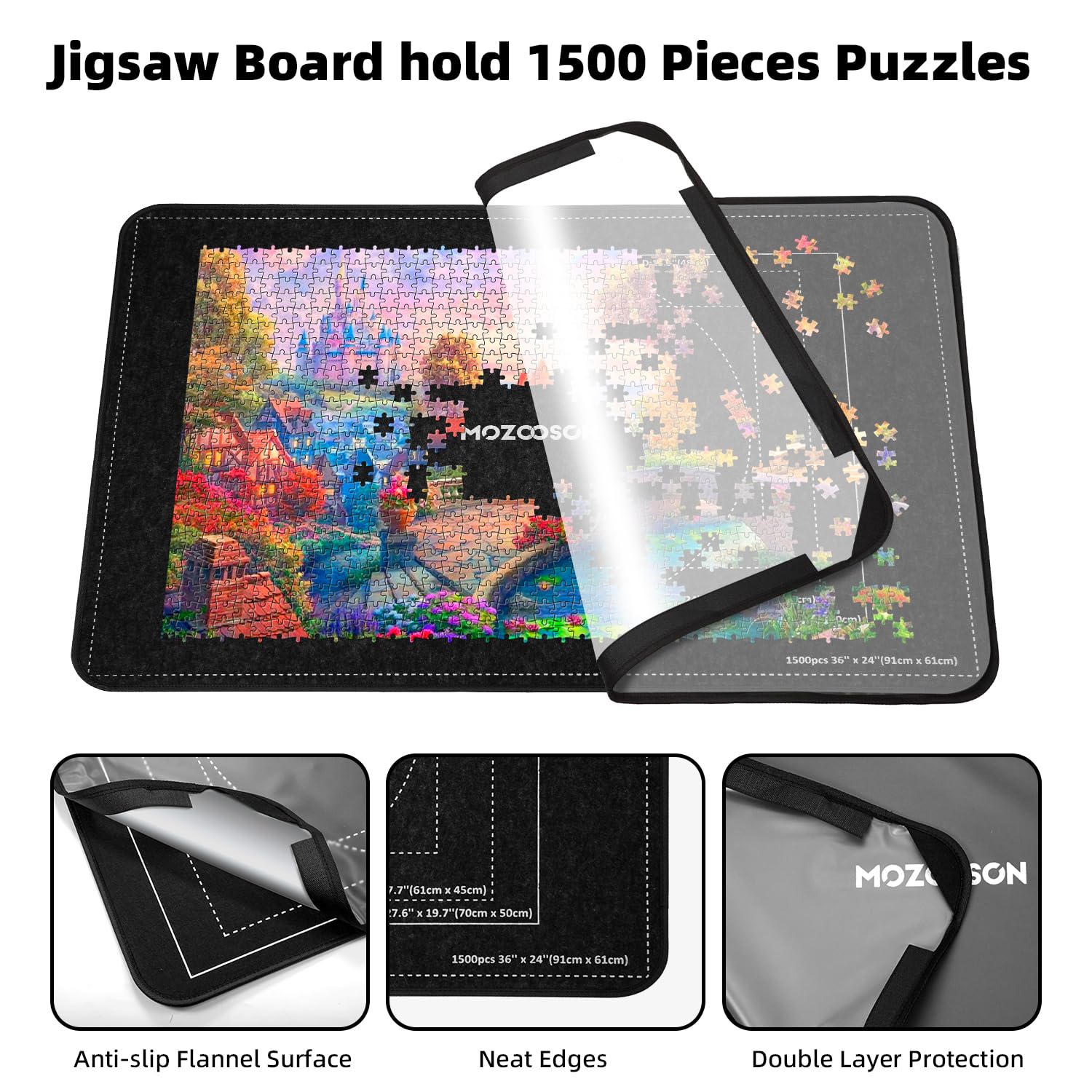 MOZOOSON Tablero de Rompecabezas Plegable, Puzzle Board 1500 Piezas, Accesorios para Mover y Guardar, Tapete Puzzle Portátil 8 Bandejas de Clasificación + 1 Cover