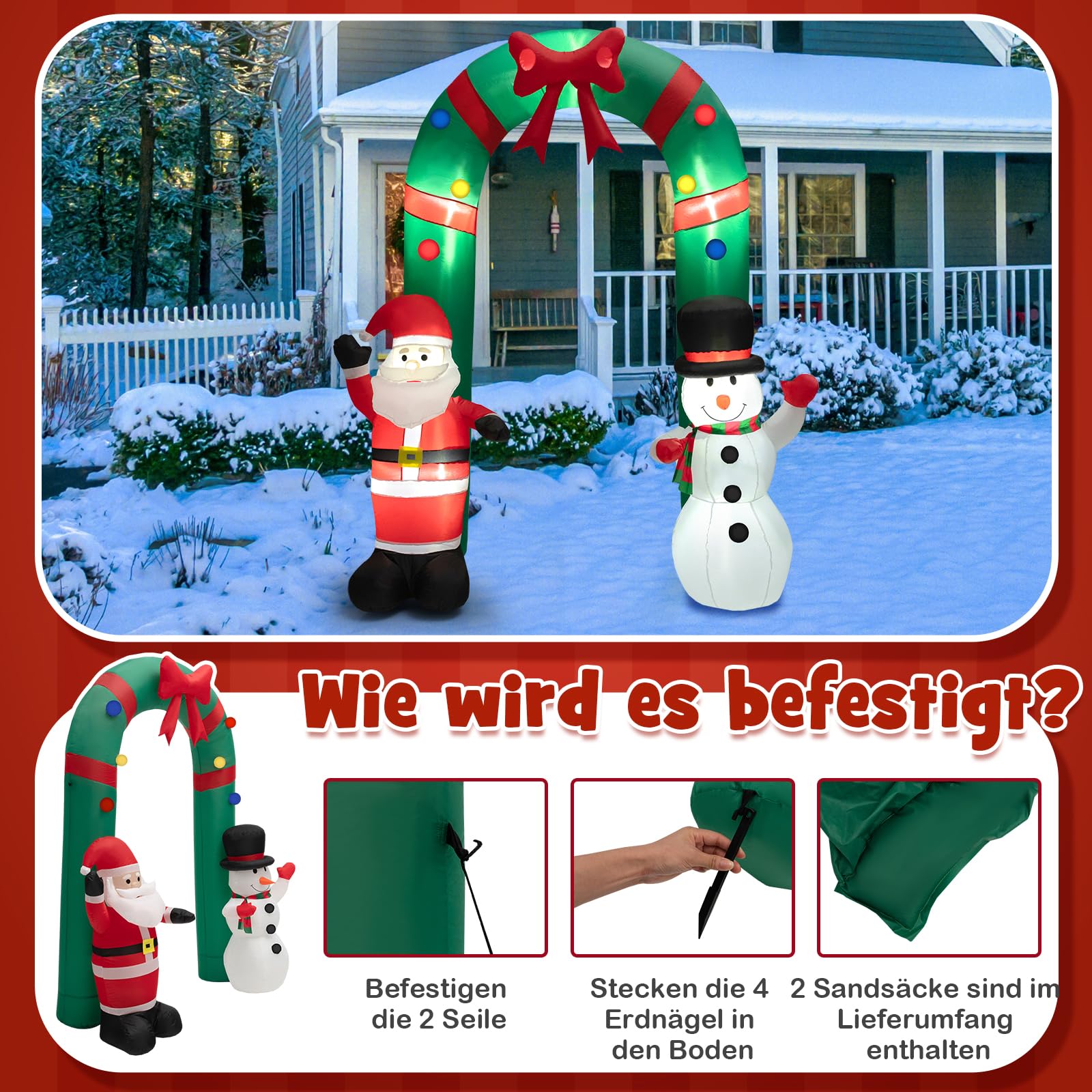 COSTWAY aufblasbarer Weihnachtsbogen 245cm, LED Weihnachtsdekoration mit Weihnachtsmann & Schneemann, Weihnachtsdeko Outdoor, Weihnachtsbeleuchtung für Garten, Hof, Terrasse, selbstaufblasend