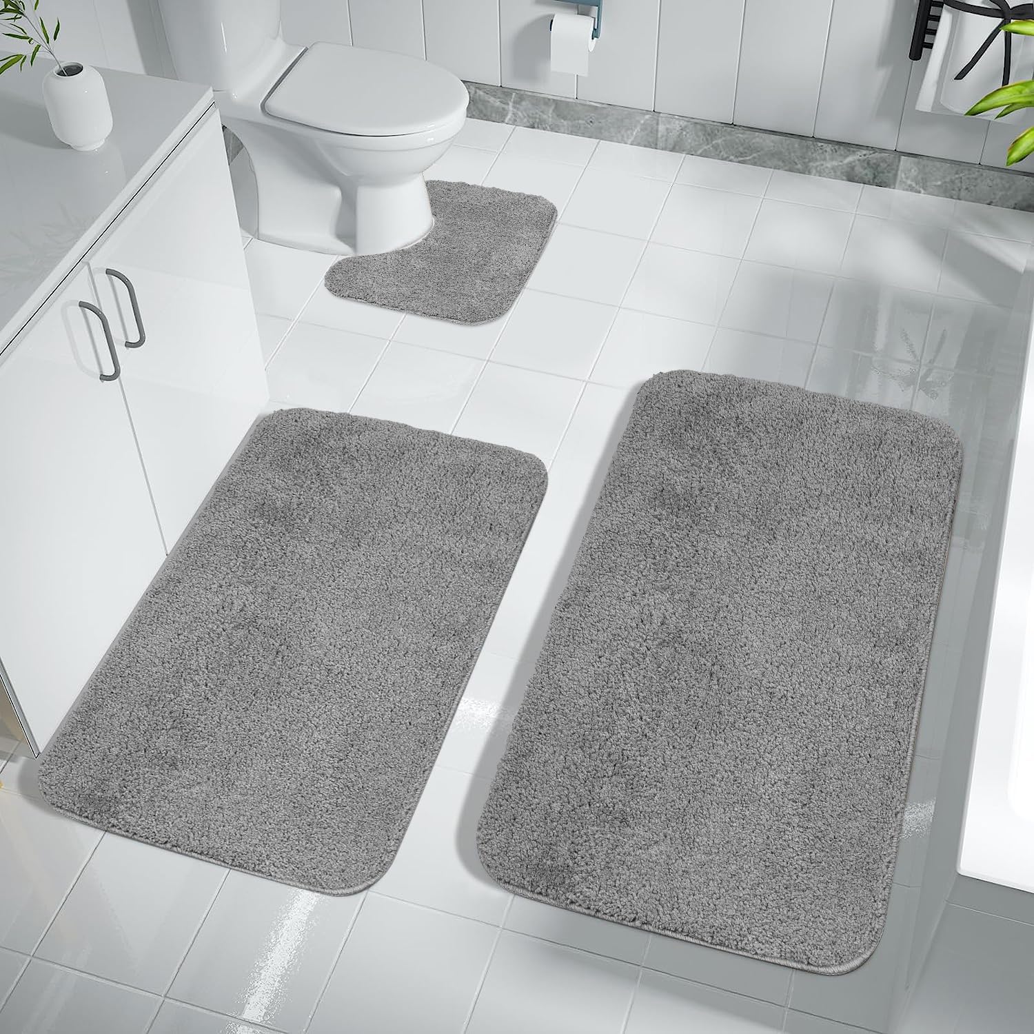 Achiiso Bathroom Mat Set 3 Pieces,Non Slip Bathroom Toilet Mat, Super Absorbent Microfiber Bathroom Floor Mat Machine Washable Bath Rug(Grey,U40x50cm +50x60cm+50x80cm)