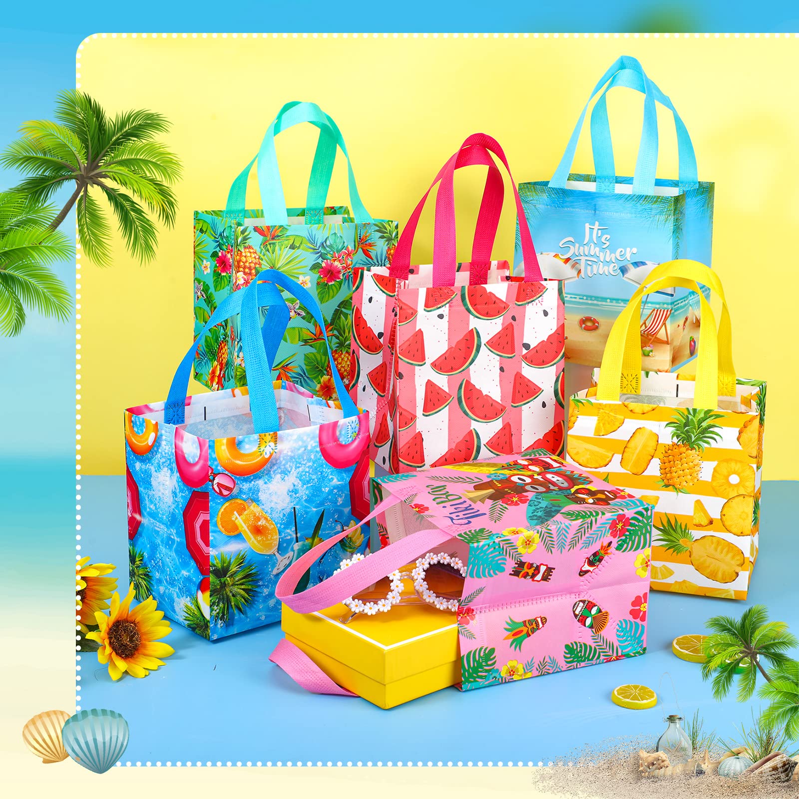 Hillban 60 Pcs 8 x 8 x 6 Inch Summer Party Favor Bags Fruit Gift Treat Bags Hawaii Aloha Goodie Totes Summer Beach Pineapple Watermelon Non Woven Totes with Handles for Party Supplies