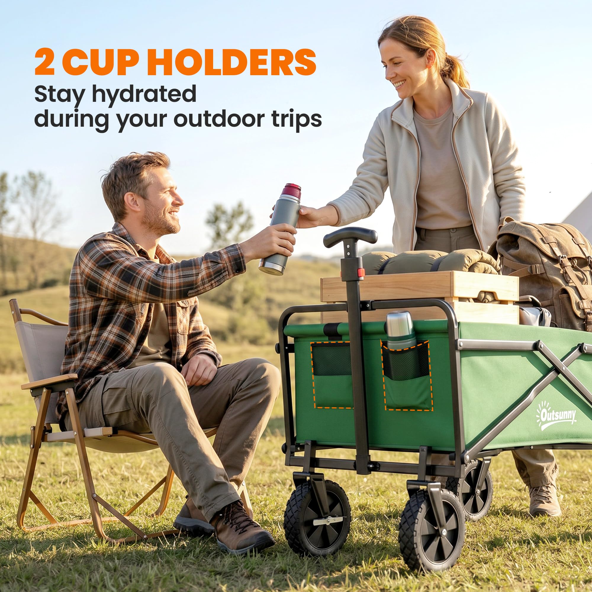 Outsunny Chariot de Transport Pliable à Roues Tout-Terrain avec Freins, Chariot de Campings avec Poignée en Acier, pour Plage Jardin Extérieur, Charge 40kg, 120L, Vert Foncé