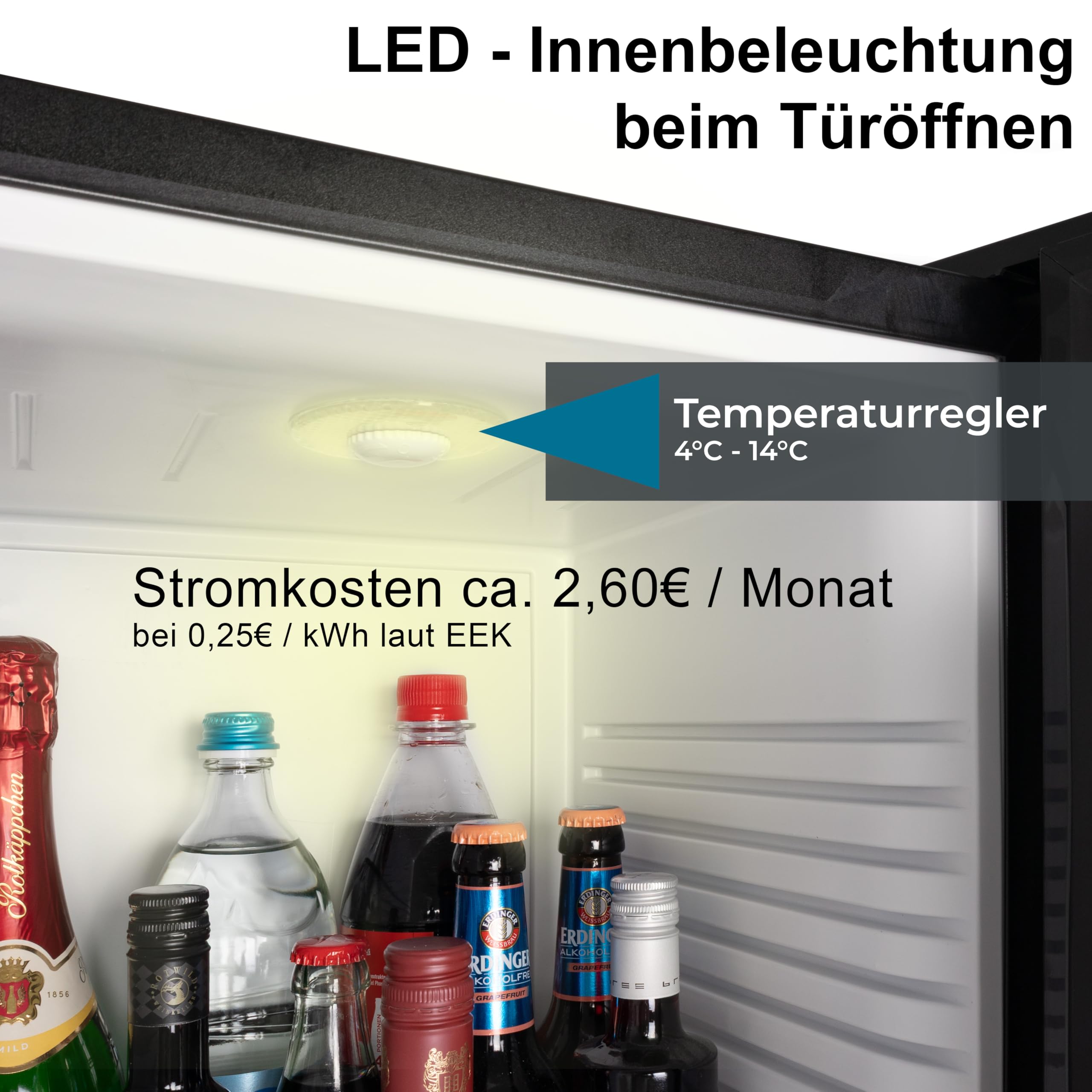 30 Liter Mini Kühlschrank LAUTLOS Minikühlschrank mit Schloss, Minibar abschließbar geräuschlos, Türanschlag wechselbar, ca. 4°-14°C Höhe 48cm, Weinkühlschrank für 11 Flaschen Temperatureinstellung