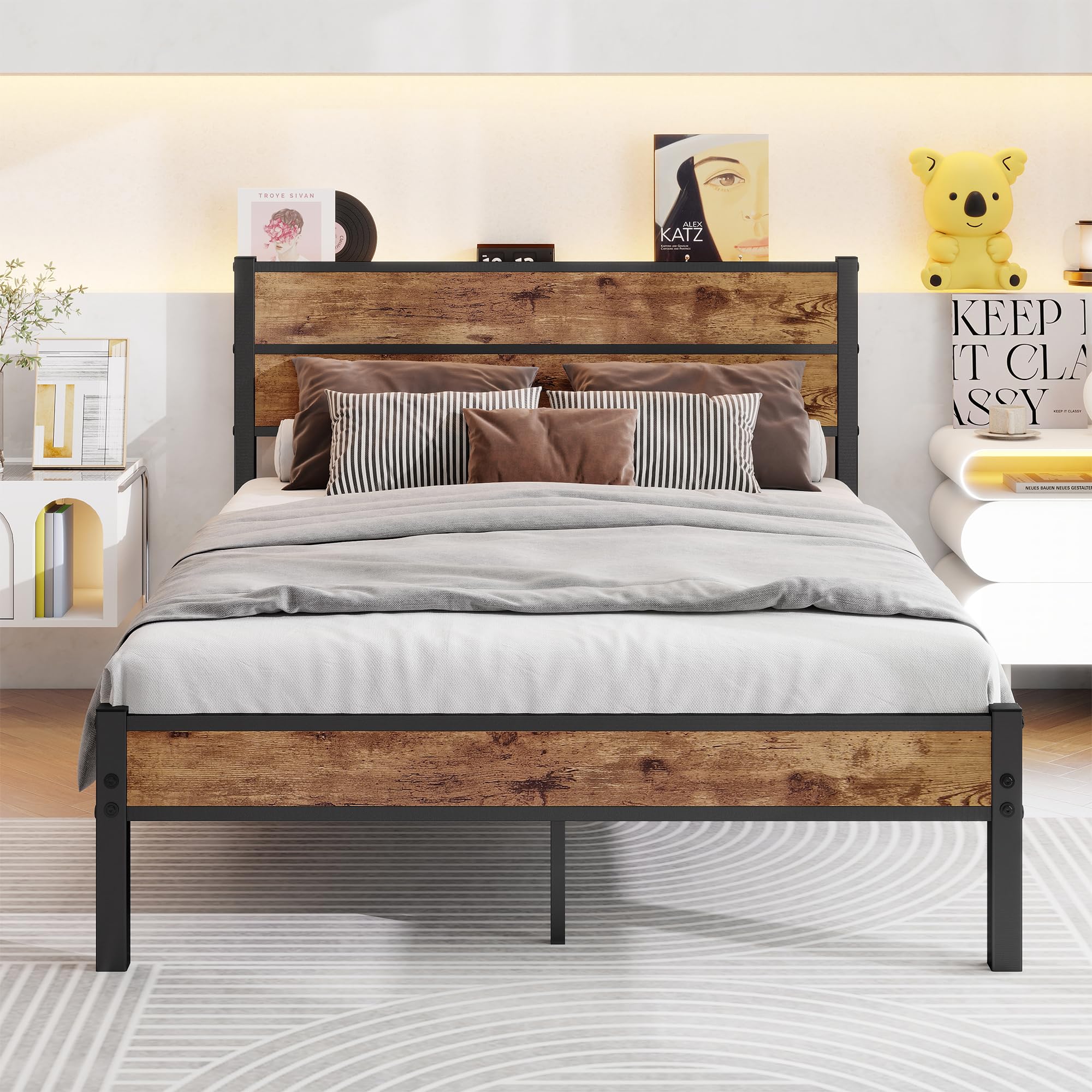 Bett 140x200 mit Metal Lattenrost,Bettgestell Metallbett 140x200 cm mit Holzkopfteil,Einfacher Aufbau Doppelbett Gästebett Jugendbett,Unterbett Stauraum