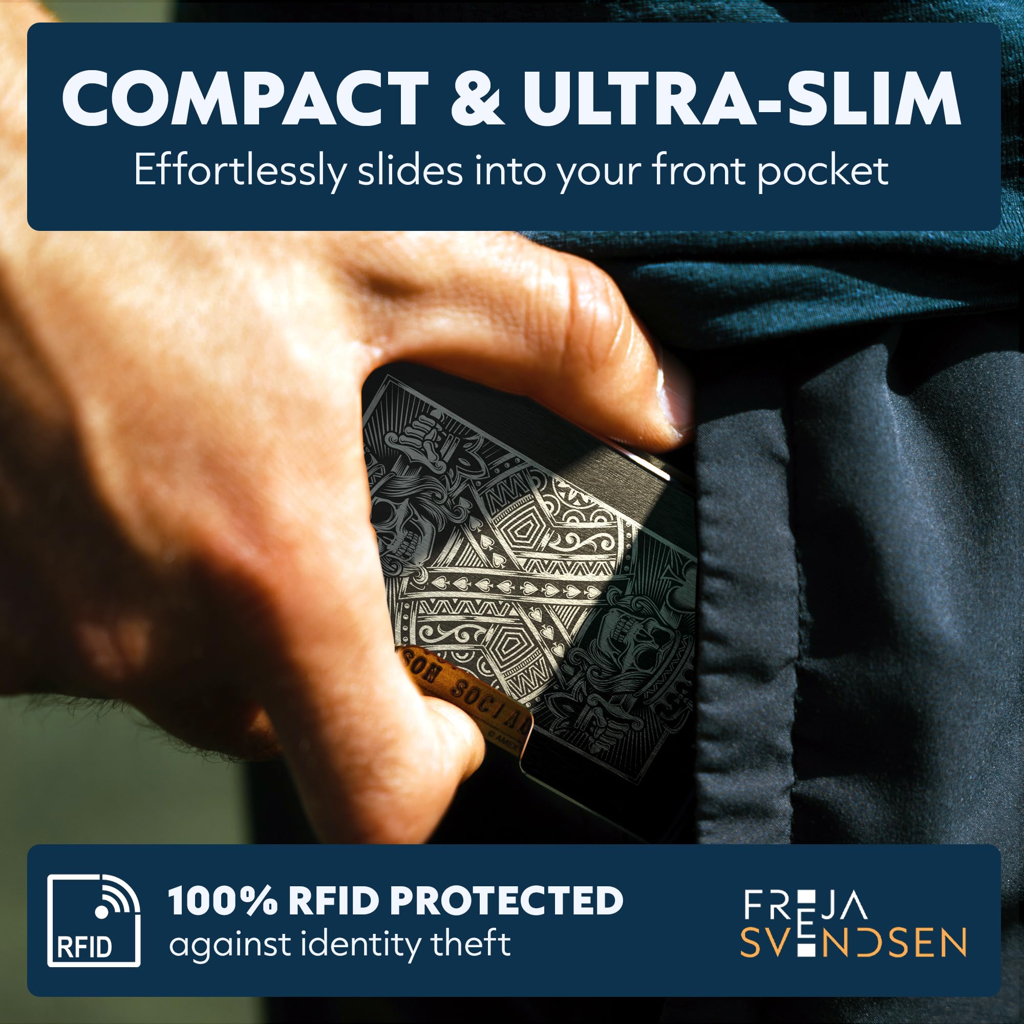 Freja Svendsen Engraved Aluminum Wallet for Men - Slim Money Clip & Card Holder with Engraved Finish. Enhanced RFID Blocking, Compact, Unique & Minimalist Wallets
