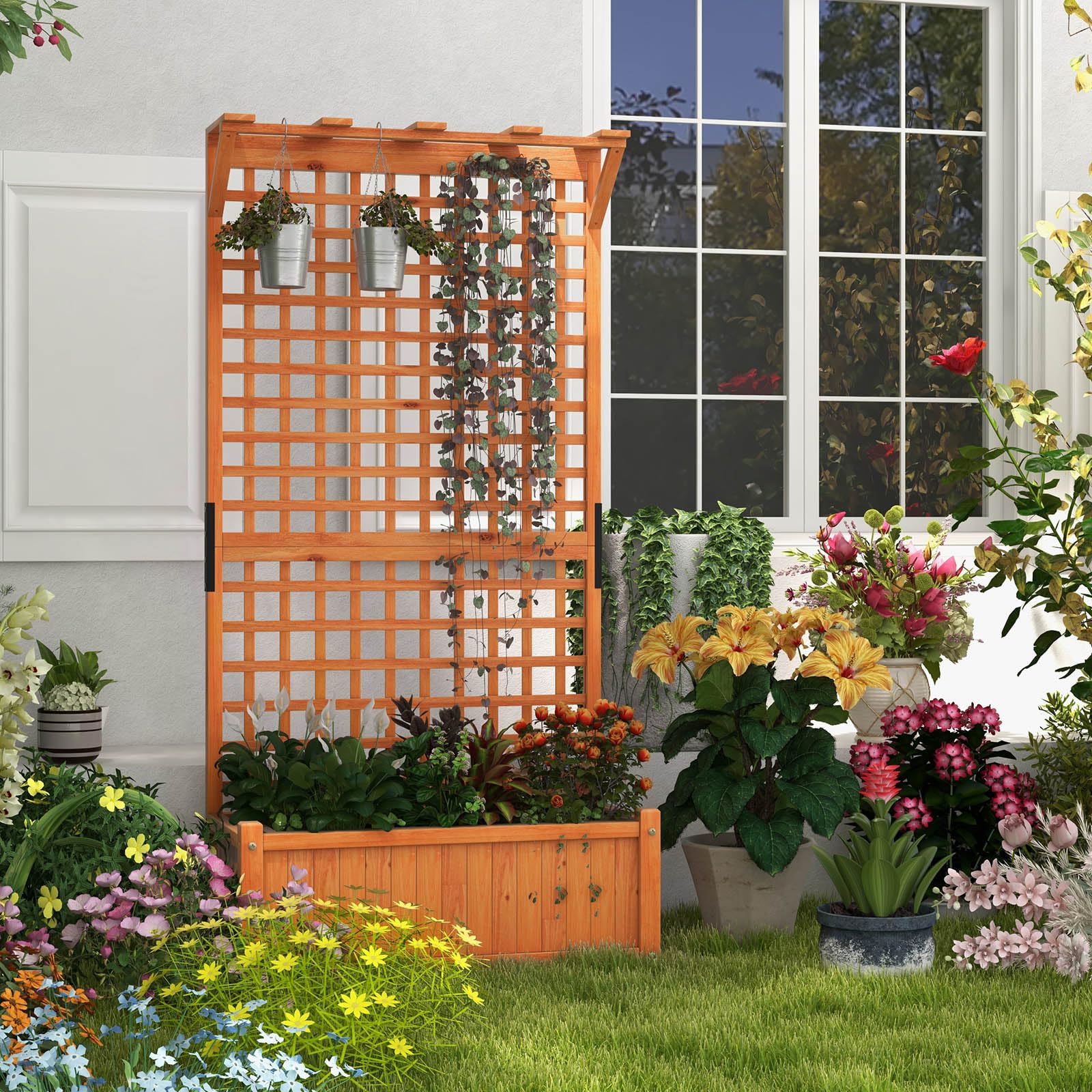 HOMASIS Hochbeet mit Rankgitter & Dach, Blumenkasten mit Spalier & Drainagelöchern, Pflanzkasten Holz, Pflanzkübel Rankkasten Gartenspalier für Balkon, Garten, Terrasse, Orange (75x33x181cm)