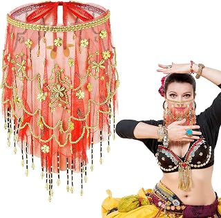 Women Belly Dance Face Veil with Beads Sequins for Outfit Halloween Costume Accessory