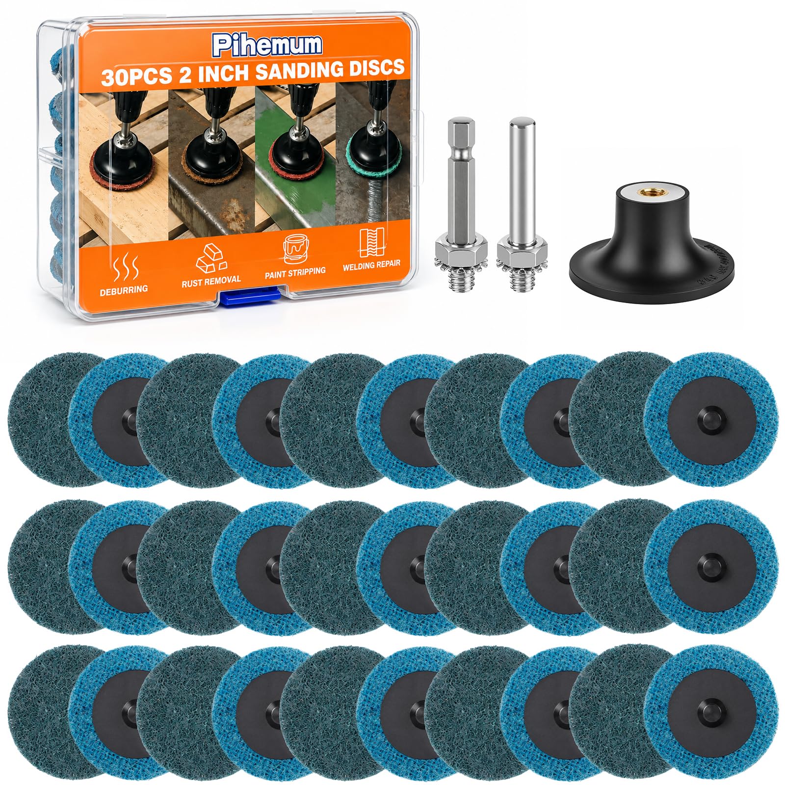 pihemum Quick Change Discs Set, 2 Inch (50mm) Sanding Discs with 1/4",for Die Grinder, Surface Striping, Grinding, Polishing, Fast Finishing (Blue 30 PCS)
