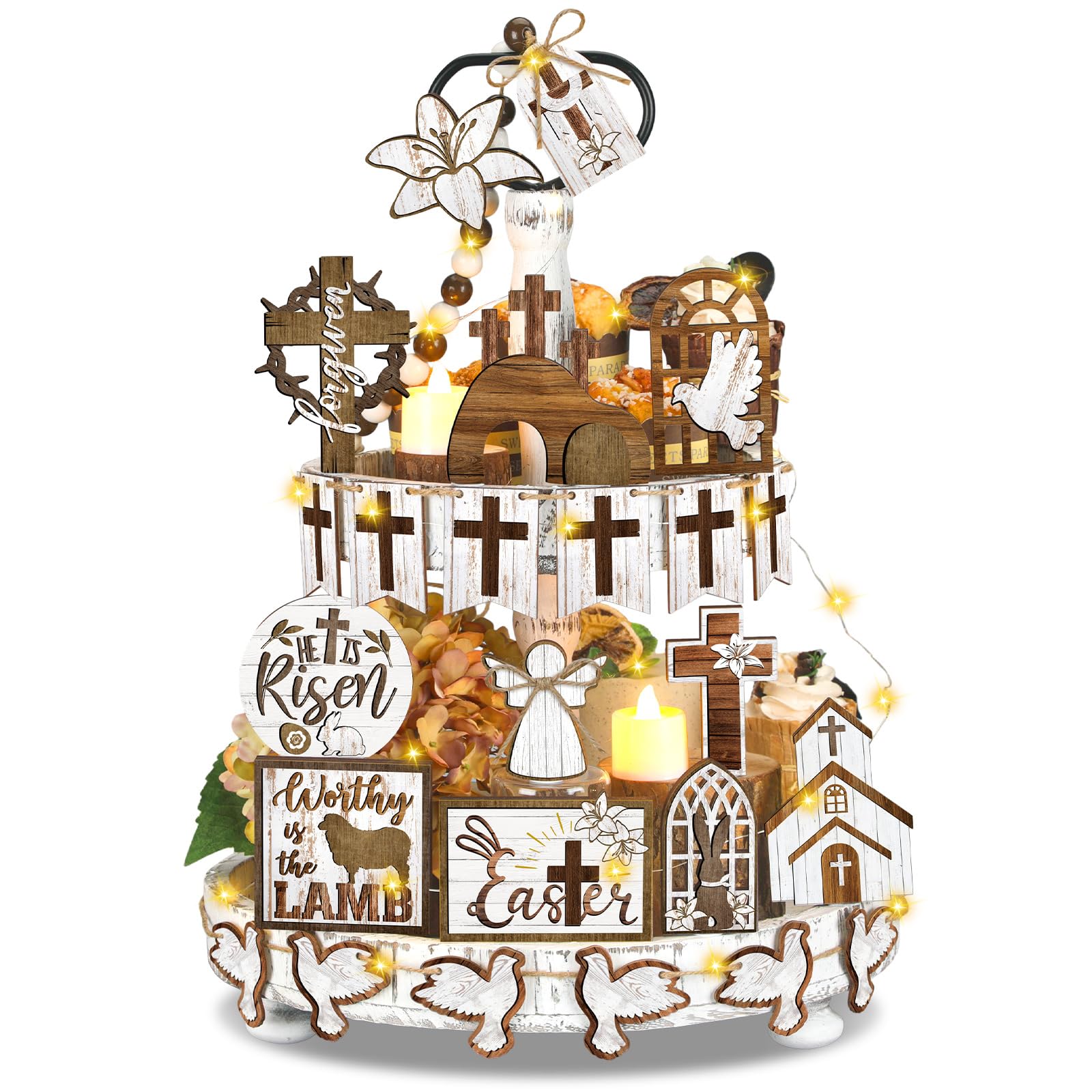 Amyhill 31 Pcs Religious Easter Tiered Tray Decor He is Risen Wooden Table Decor Farmhouse Christian Lily Dove Cross Small Easter Sign Rustic Easter Decor for Home Table Kitchen Indoor