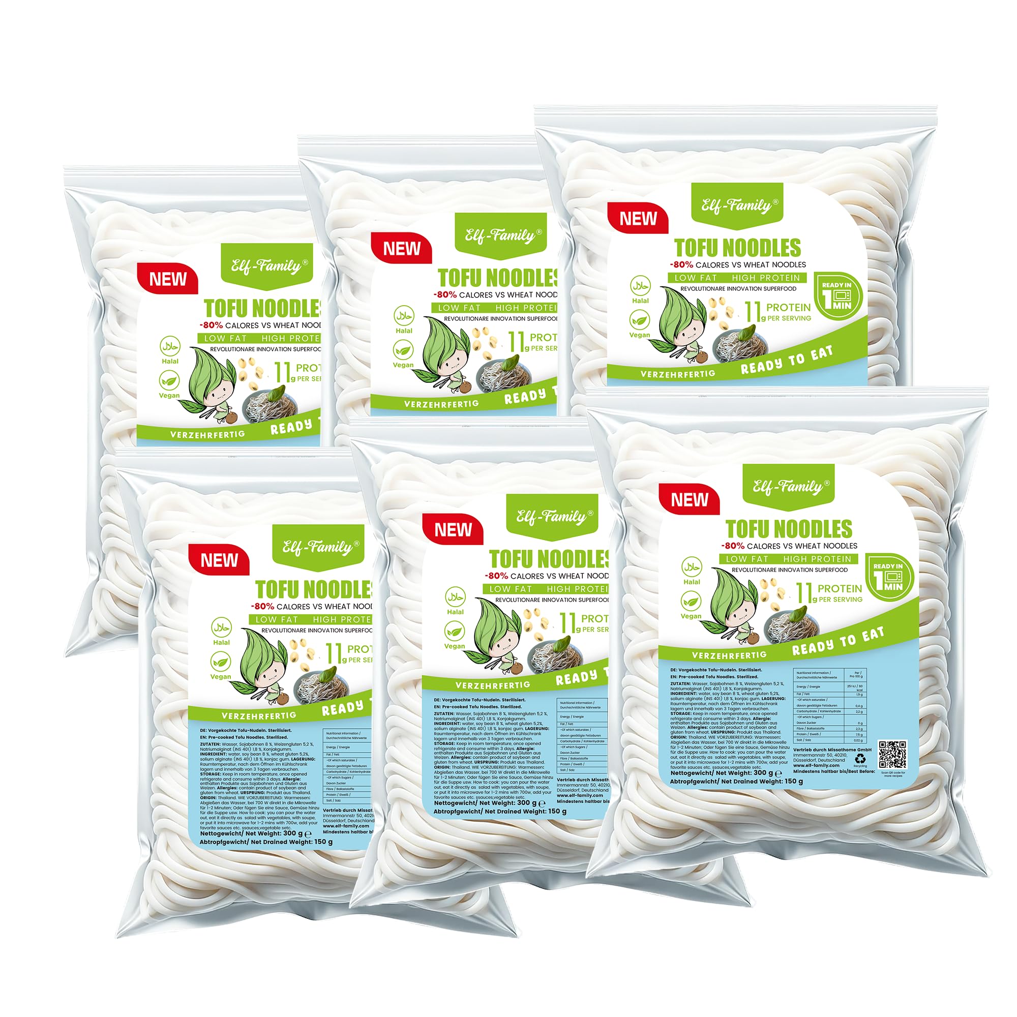 Elf-Family Fideos de tofu - (300 g × 6er) Fideos Instantáneos de Alta Proteína, Menos Carbohidratos, Baja en Carbohidratos, Vegana, Preparación Rápida, Auténtica de Tailandia, Baja Grasa y Sin