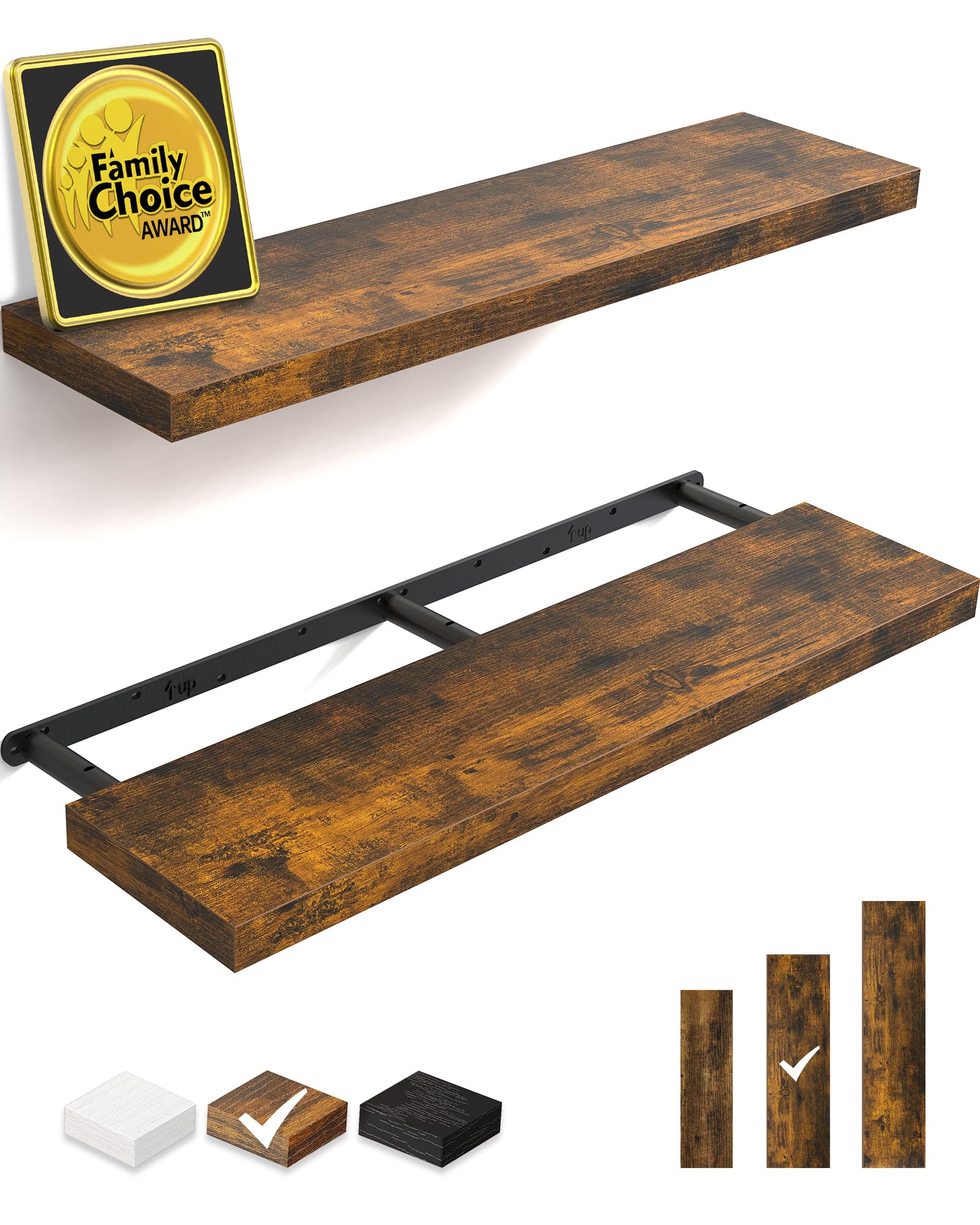 BAYKA Floating Shelves, 36 inches Long Wall Mounted Rustic Wood Shelves for Bathroom, Bedroom, Living Room, Kitchen, Office, Hanging Shelf for Books/Storage/Decor(Rustic Brown,Set of 2)