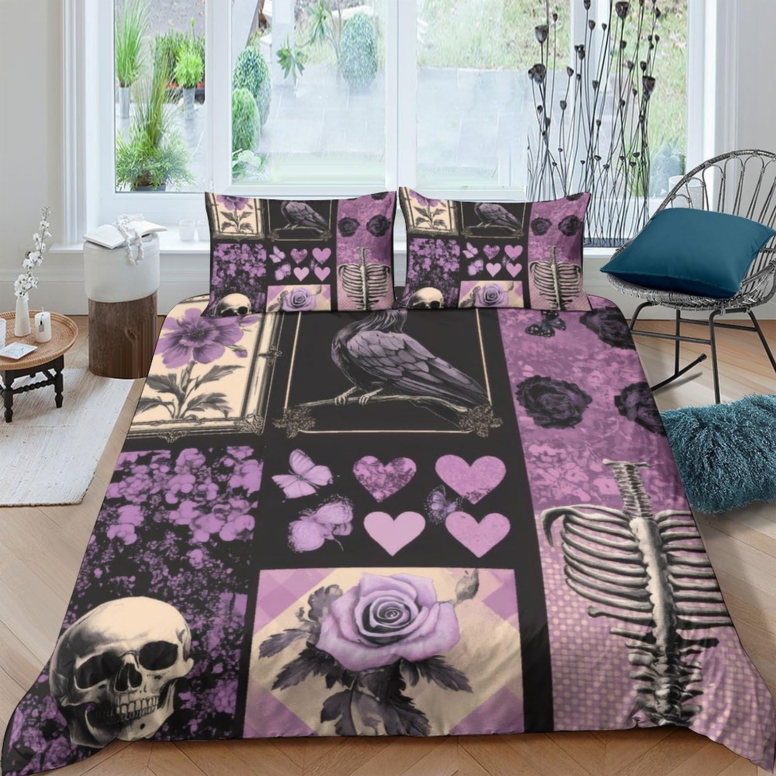 Unrxjzlvm Style-6 Gothic Purple Skull Bedding Microfiber Duvet Set Teens