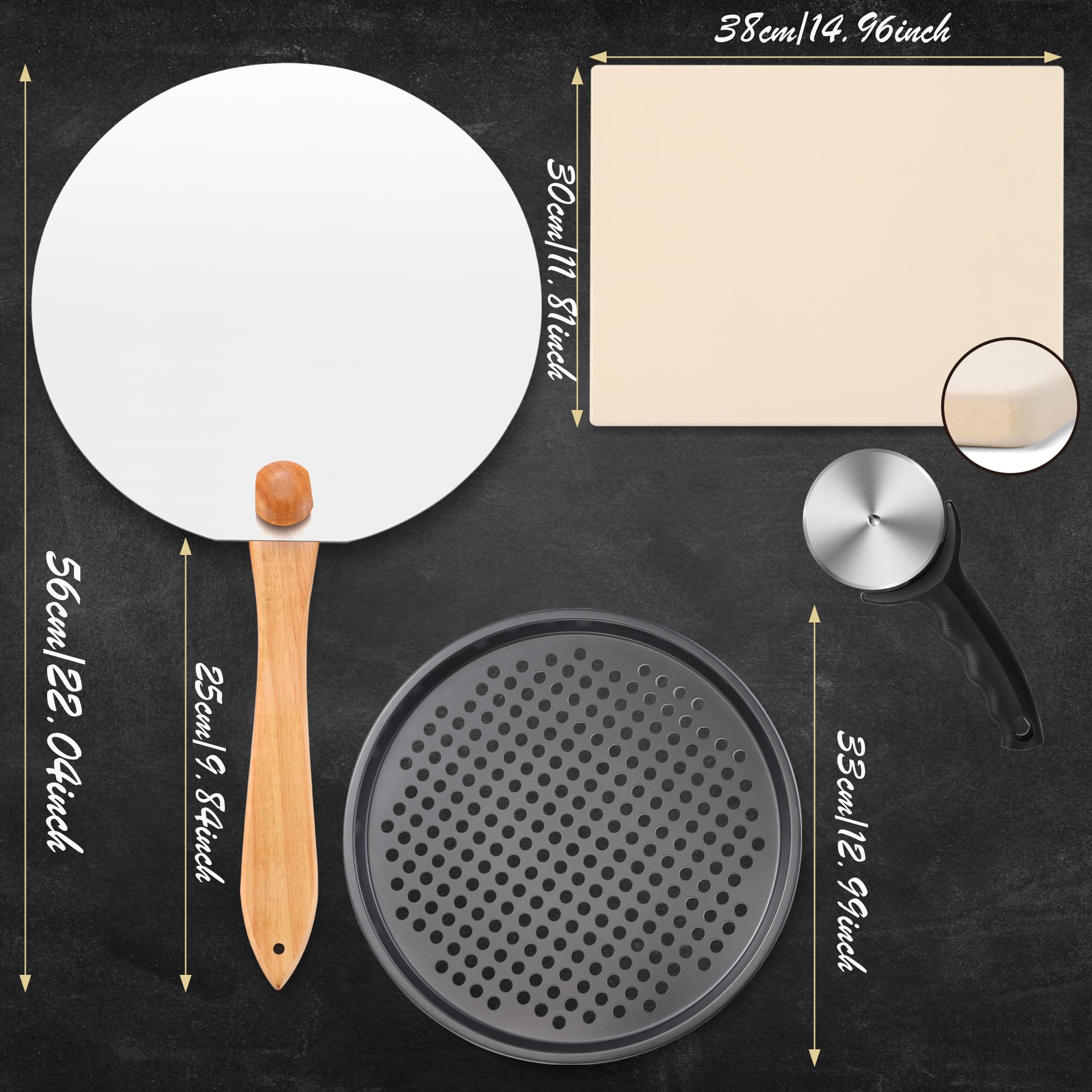 Piedra de pizza para horno Pleafind 38cmx30cm - Corteza de pizza - Bandeja de pizza de 33cm, Piedra de pizza de cordierita para grill de gas Set para pizza italiana (5en1)