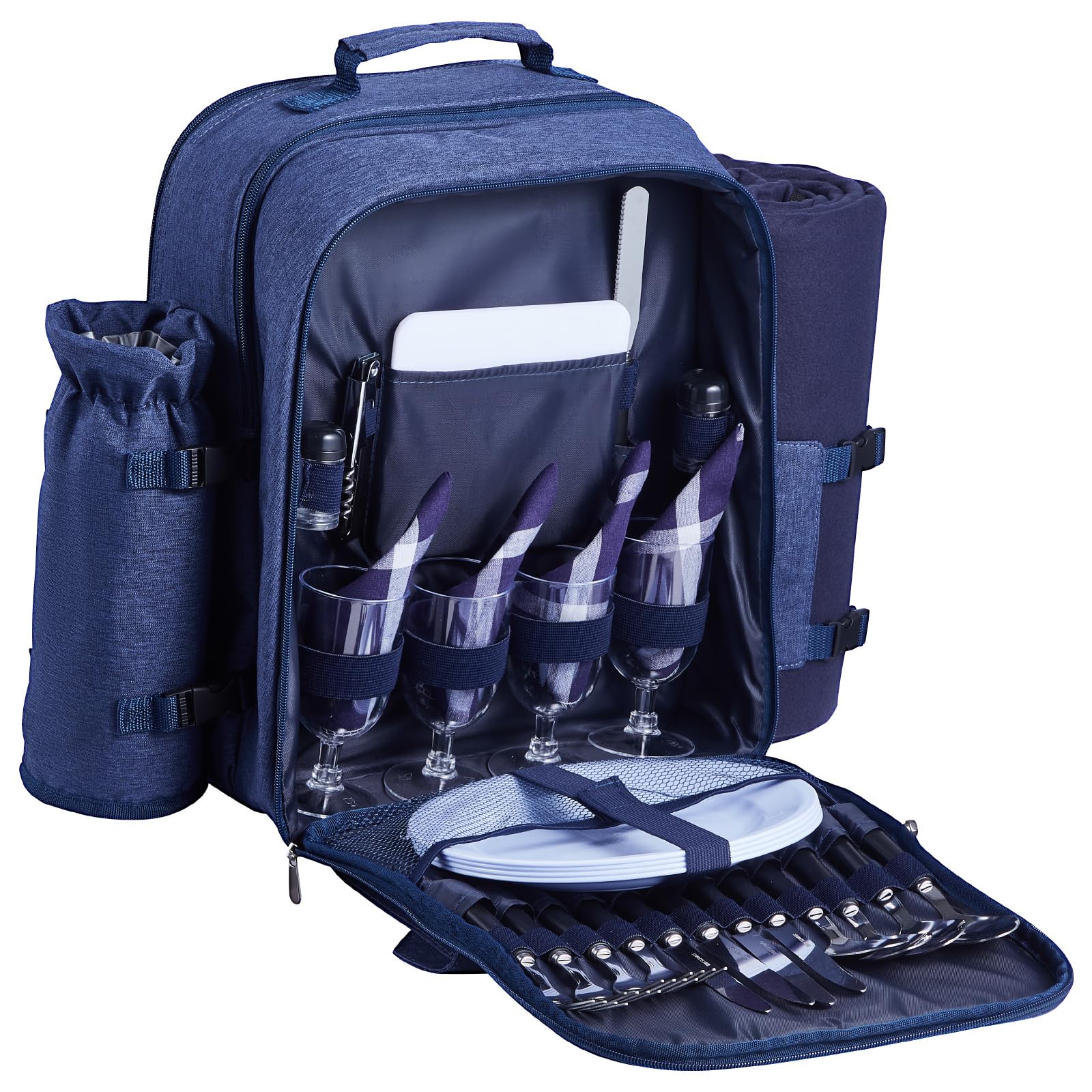 VEVOR Zaino da Picnic per 4 Persone, Capacità di 20 L Borsa da Picnic da Spiaggia con Portabottiglie Vino Staccabile, Coperta Leggera, Piatti e Sei di Posate per Esterni, Blu Marino