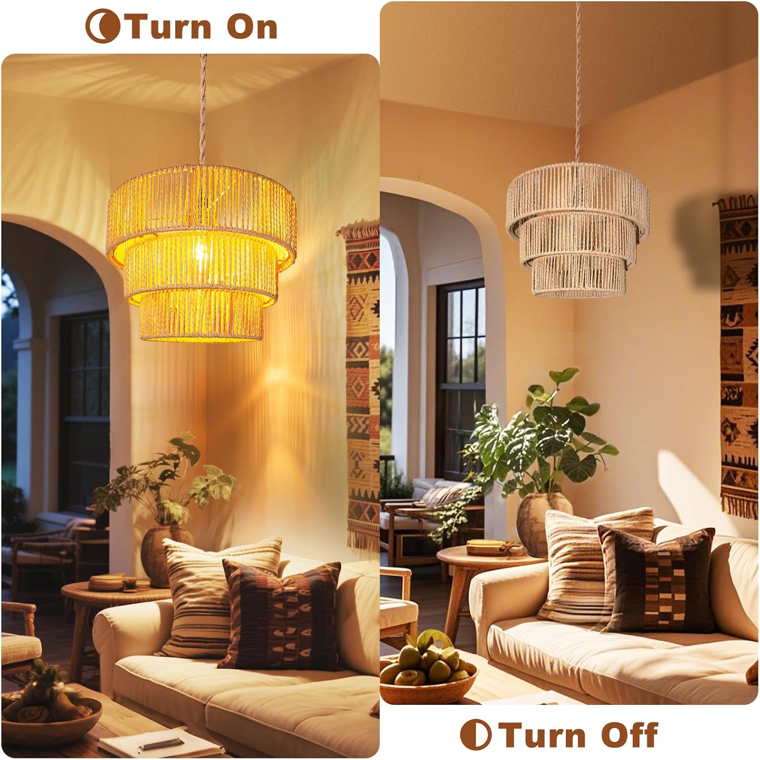 Maliralt Rattan Pendant Light Hanging Lamps - 16.4ft Plug in Cord Hanging Light Fixture Plug Into Wall Outlet Pendant Lighting with On Off Switch for Bedroom Living (3-Tier Rattan Lamp Shade)