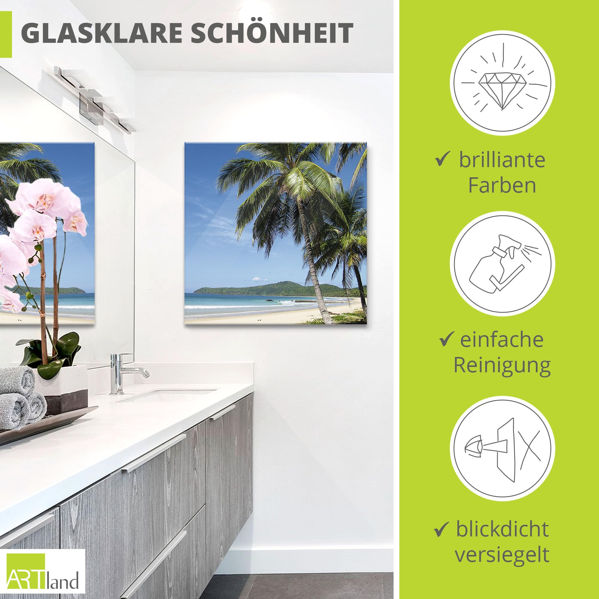 ARTland Wanddeko Glasbilder Wandbild Glas Bild einteilig 30x60 cm Hochformat Strand Meer Palmen Karibik Küste Insel Südsee Urlaub T5GY