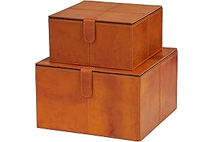 Deco 79 Leather Handmade Decorative Box Storage with Detailed Stitching, Wood and Leather Box Set