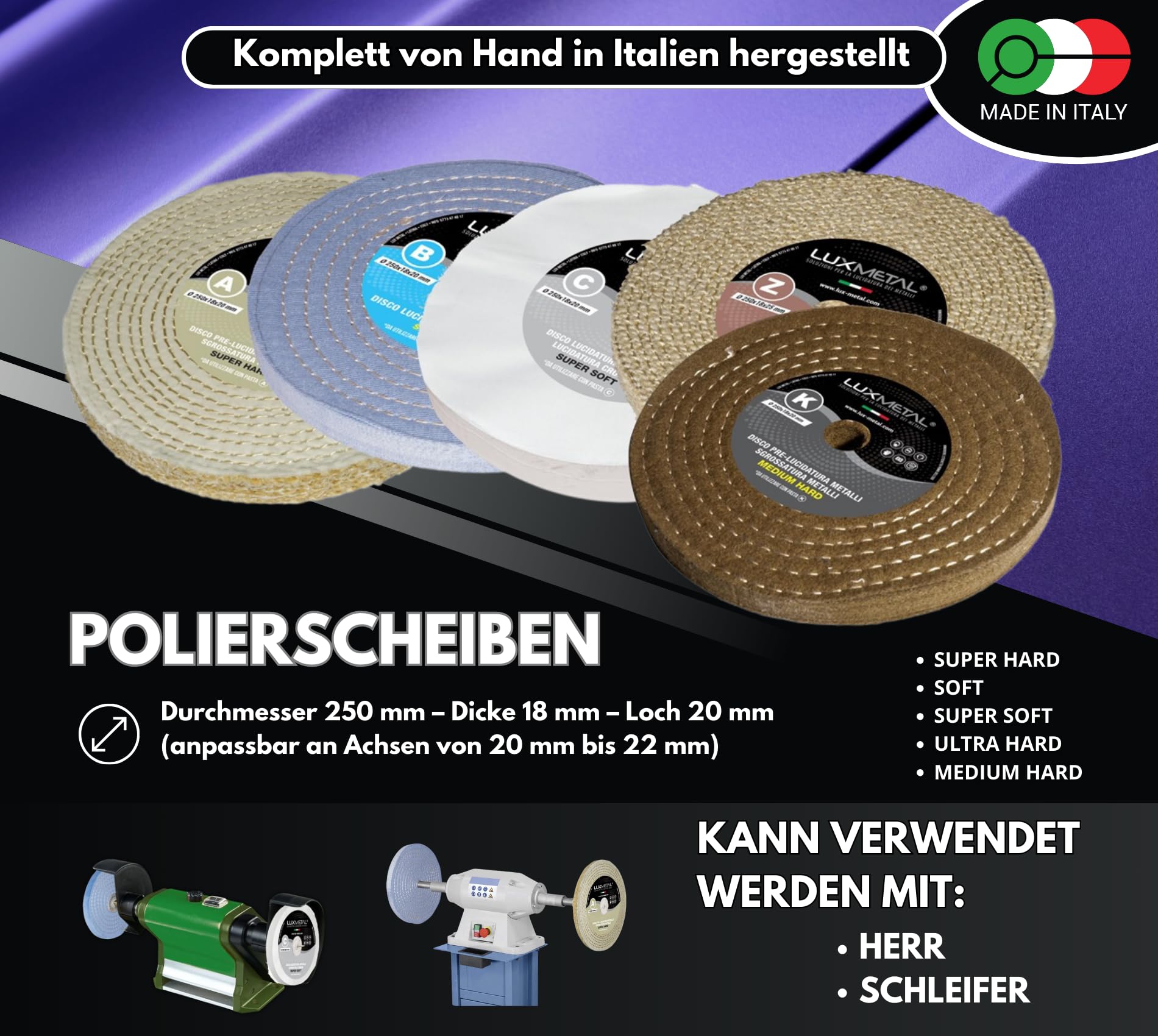 Lux Metal 5 Polierscheibe 250 mm 5 polierpaste 700 g set DIY kit Polierset Schleifpaste Metall, Aluminium, Bank Poliermaschine, Edelstahl, Messing, Kupfer, Holz, Kunststoff, schleifmaschinen messer