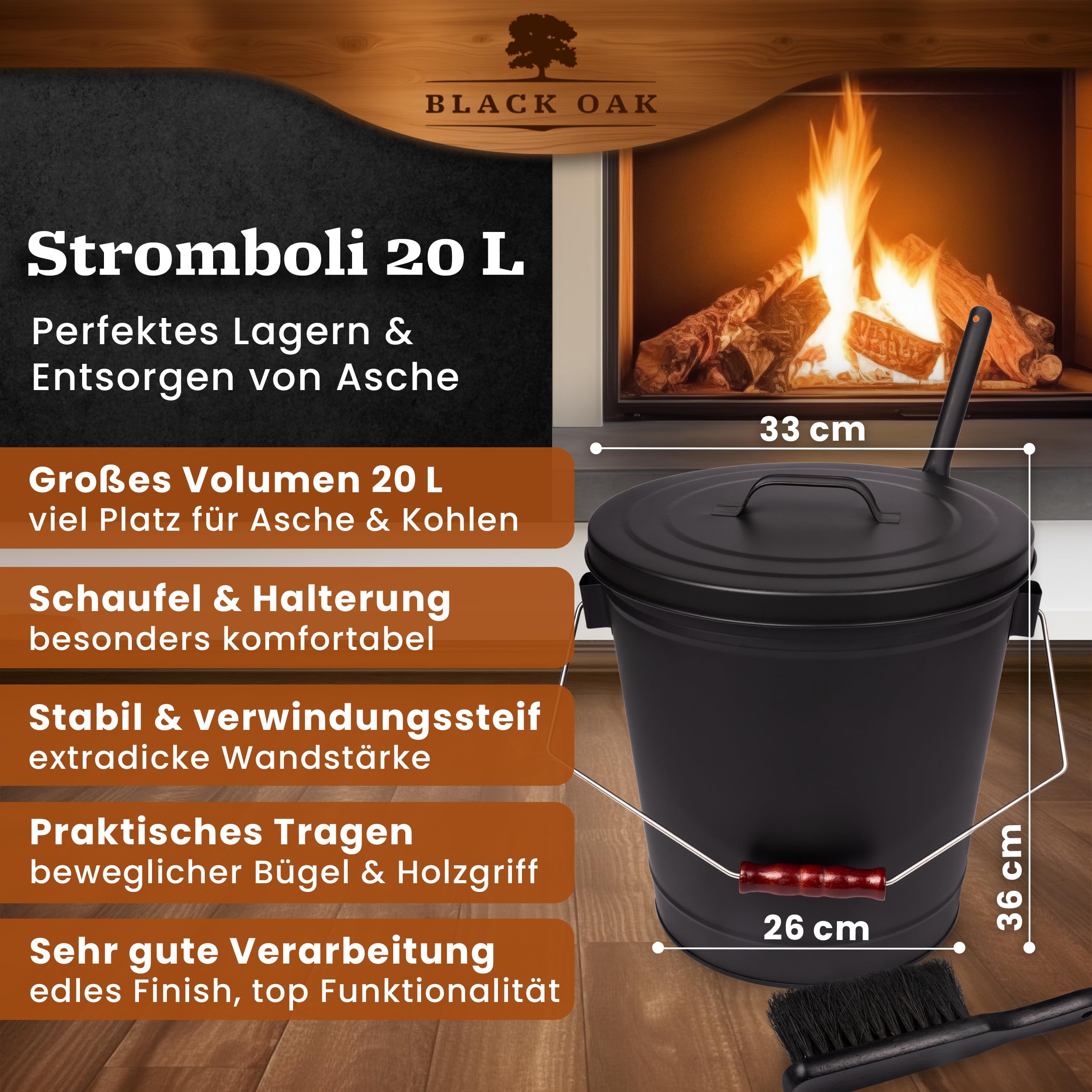 BLACK OAK Cubo de cenizas Stromboli 20 l – negro con tapa pala y escoba con percha plateada, grande, 20 litros, acero galvanizado y recubrimiento en polvo, para cenizas y carbón, accesorios para